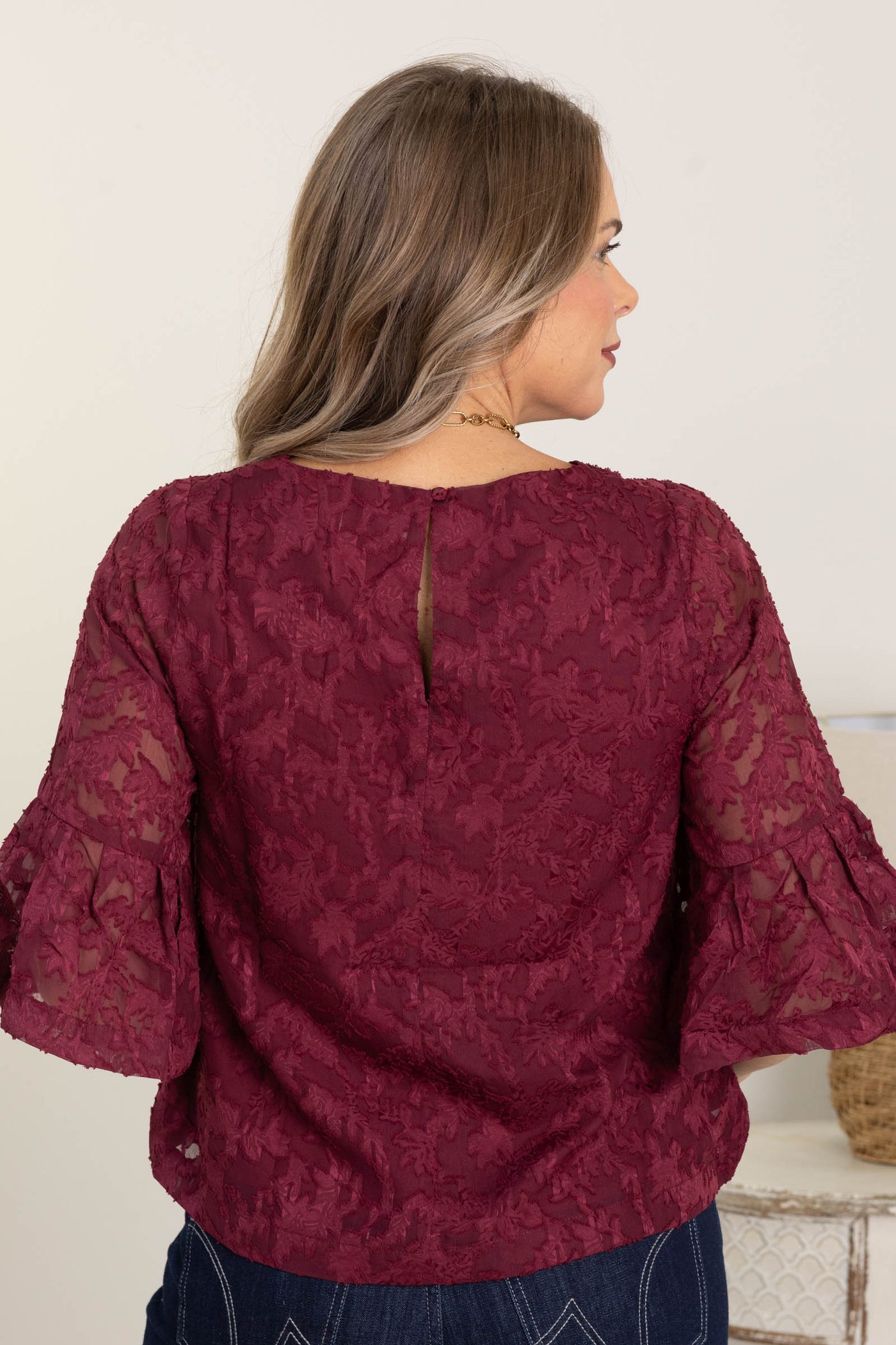 Burgundy Jacquard Bell Sleeve Chiffon Blouse