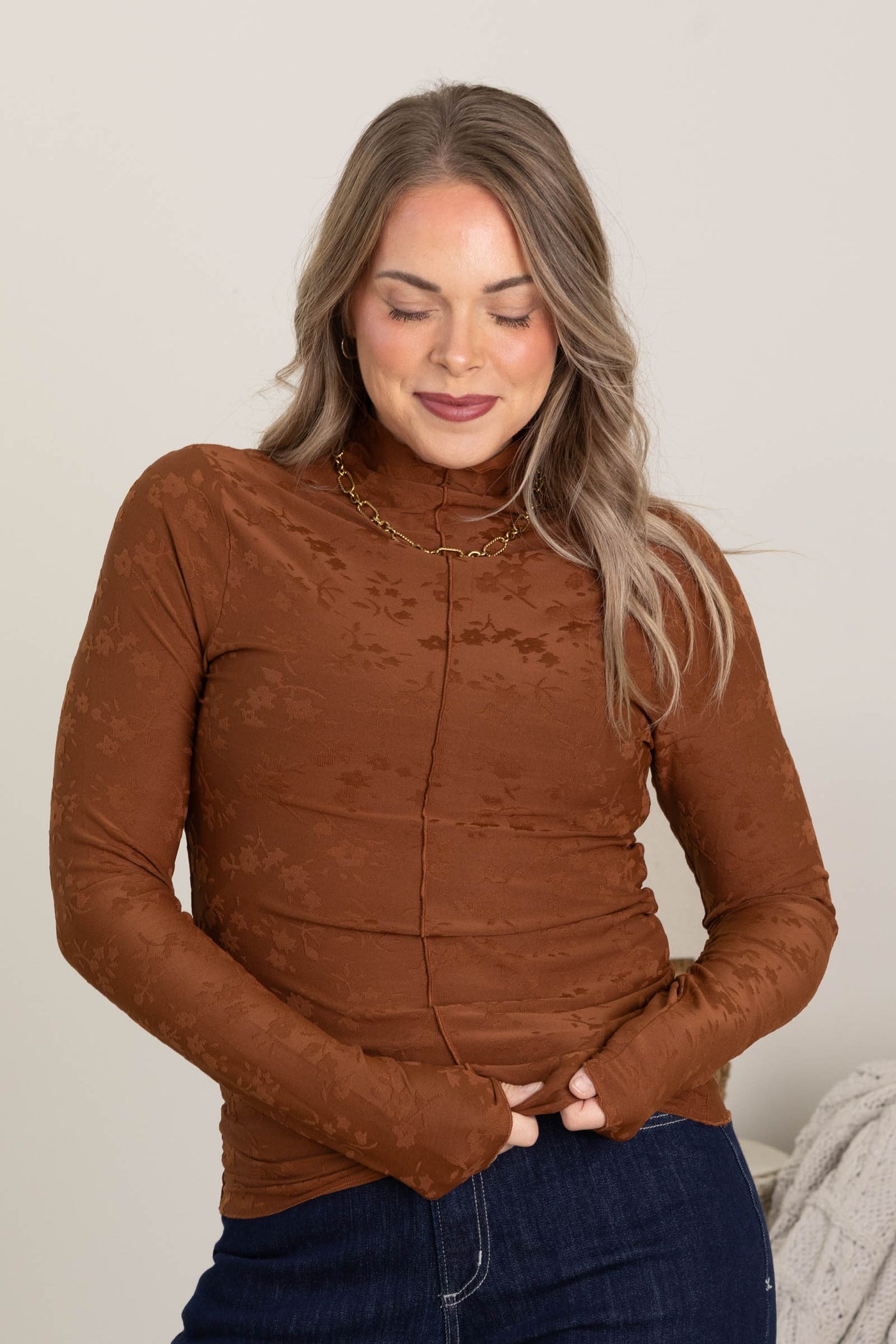 Cognac Floral Textured Knit Mock Neck Top