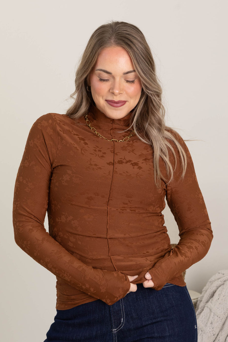 Cognac Floral Textured Knit Mock Neck Top