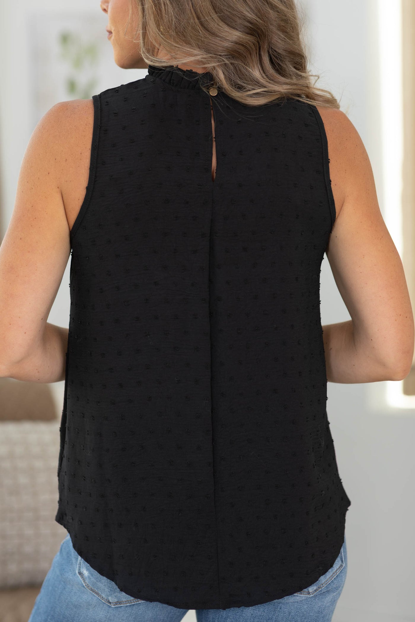 Black Swiss Dot Halter Woven Top