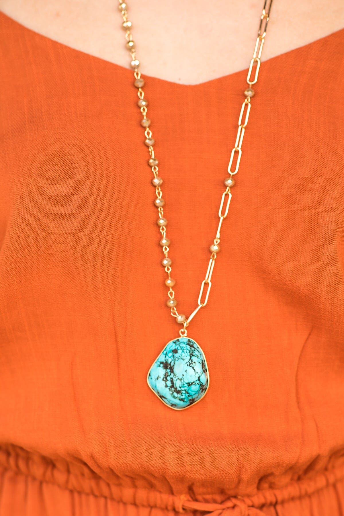 Gold Long Chain Necklace With Stone Pendant · Filly Flair