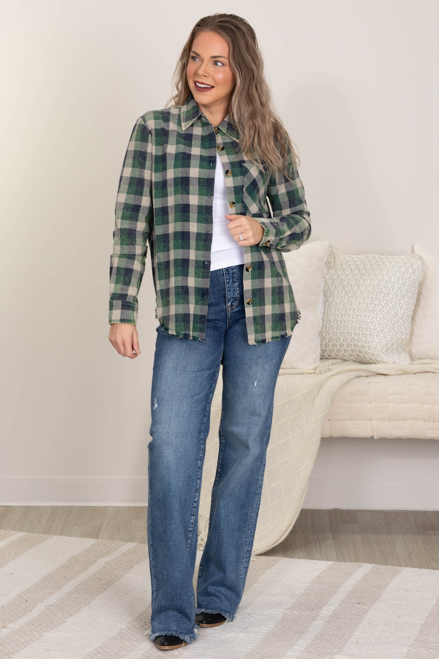 Hunter Green Plaid Mineral Washed Button Up Top
