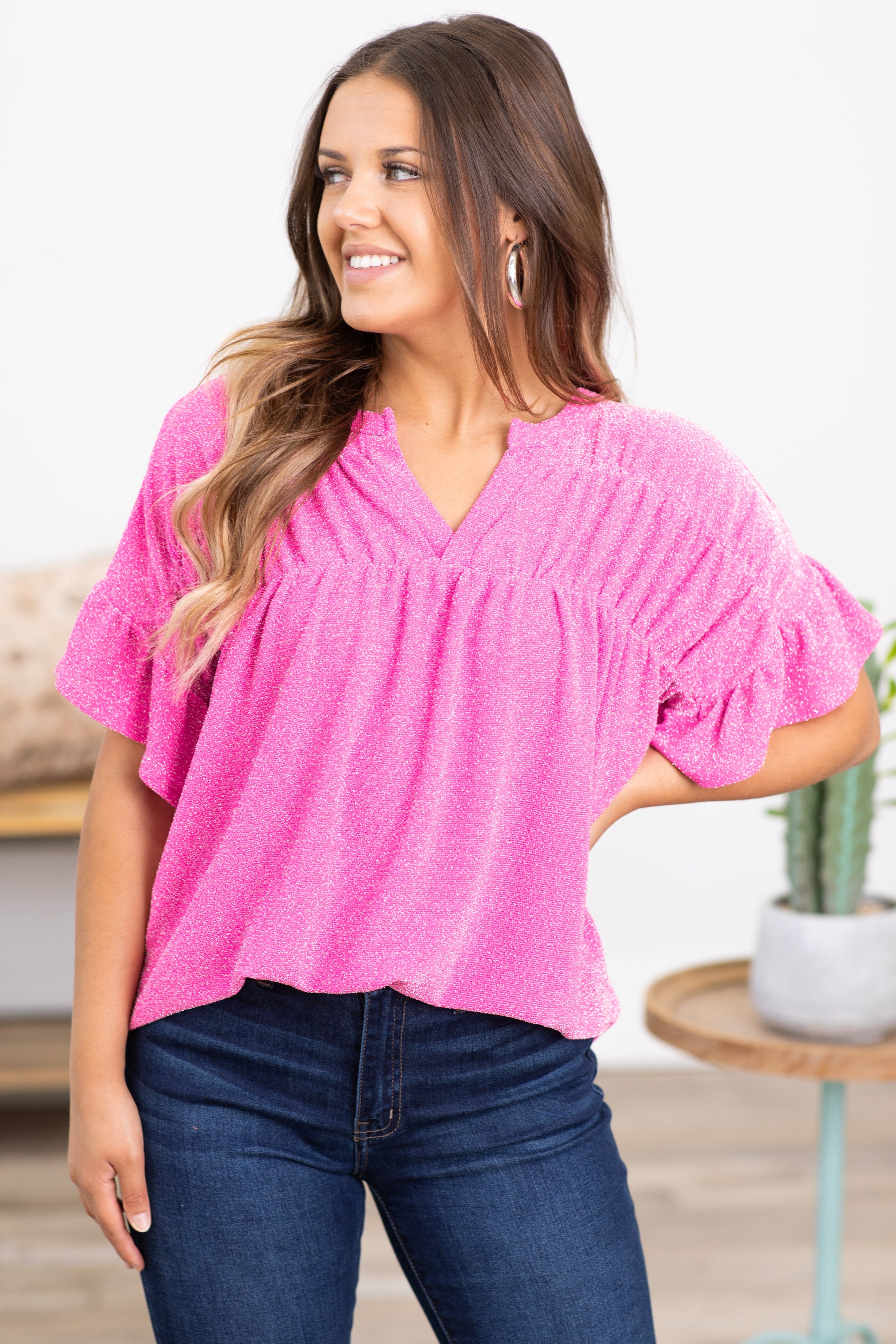 Hot Pink Ruched Yoke Detail Top - Filly Flair