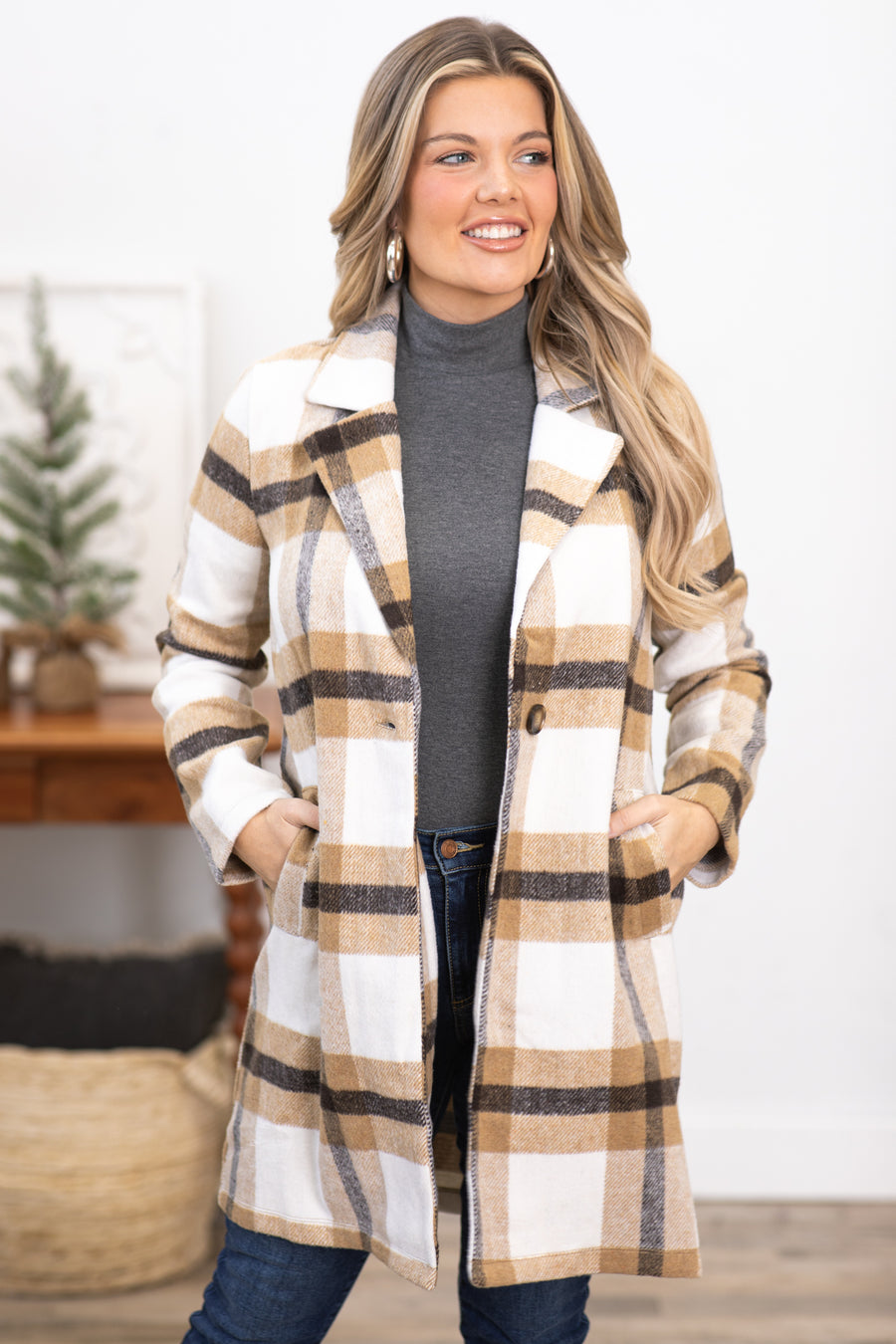 Camel and Brown Plaid Single Breasted Jacket