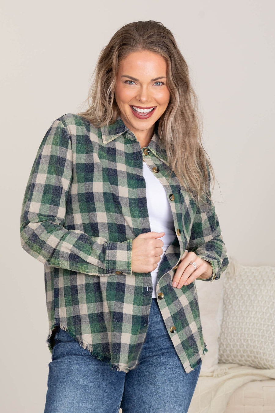 Hunter Green Plaid Mineral Washed Button Up Top