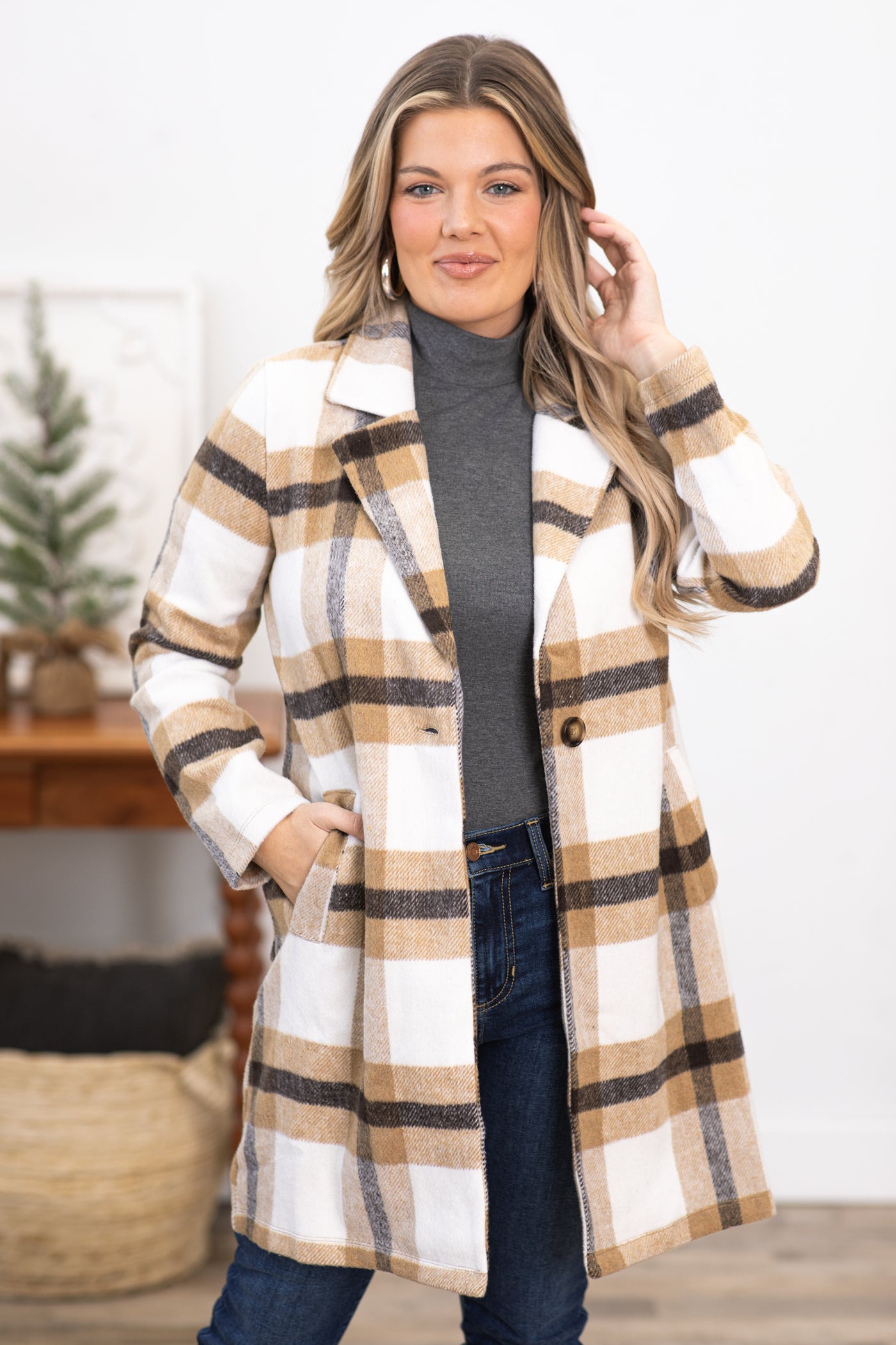 Camel and Brown Plaid Single Breasted Jacket