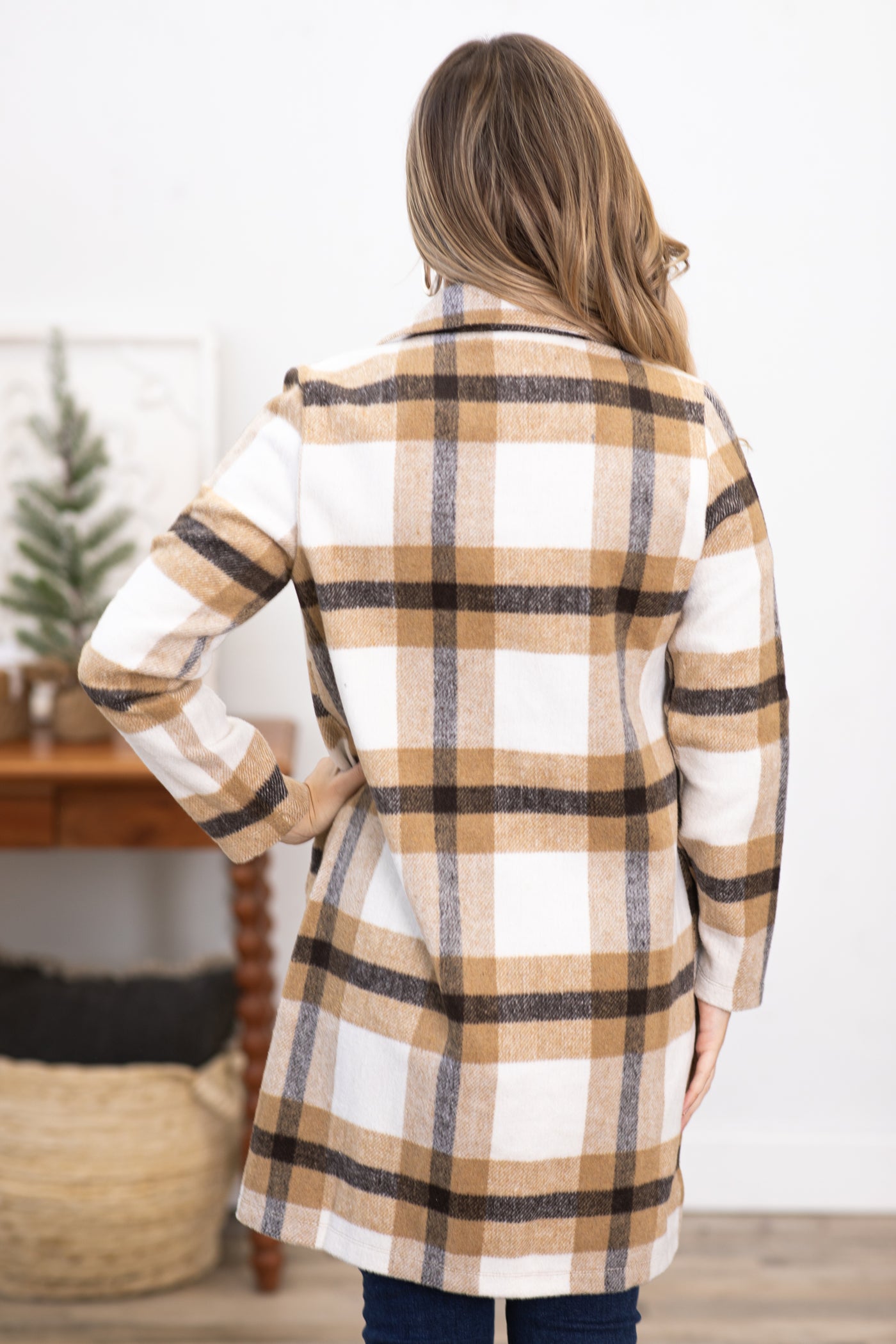 Camel and Brown Plaid Single Breasted Jacket