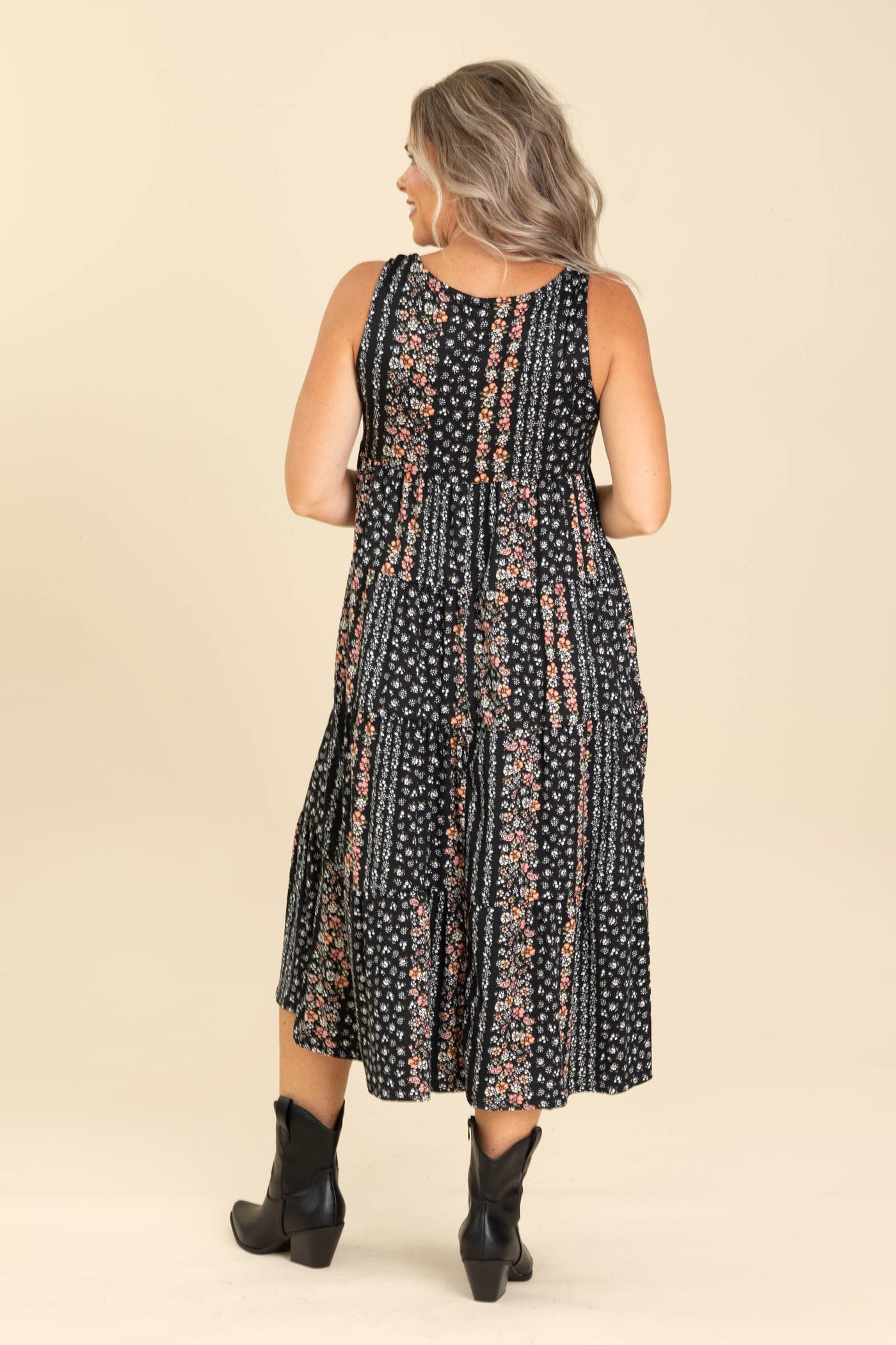 Black Tiered Midi Boho Print Dress