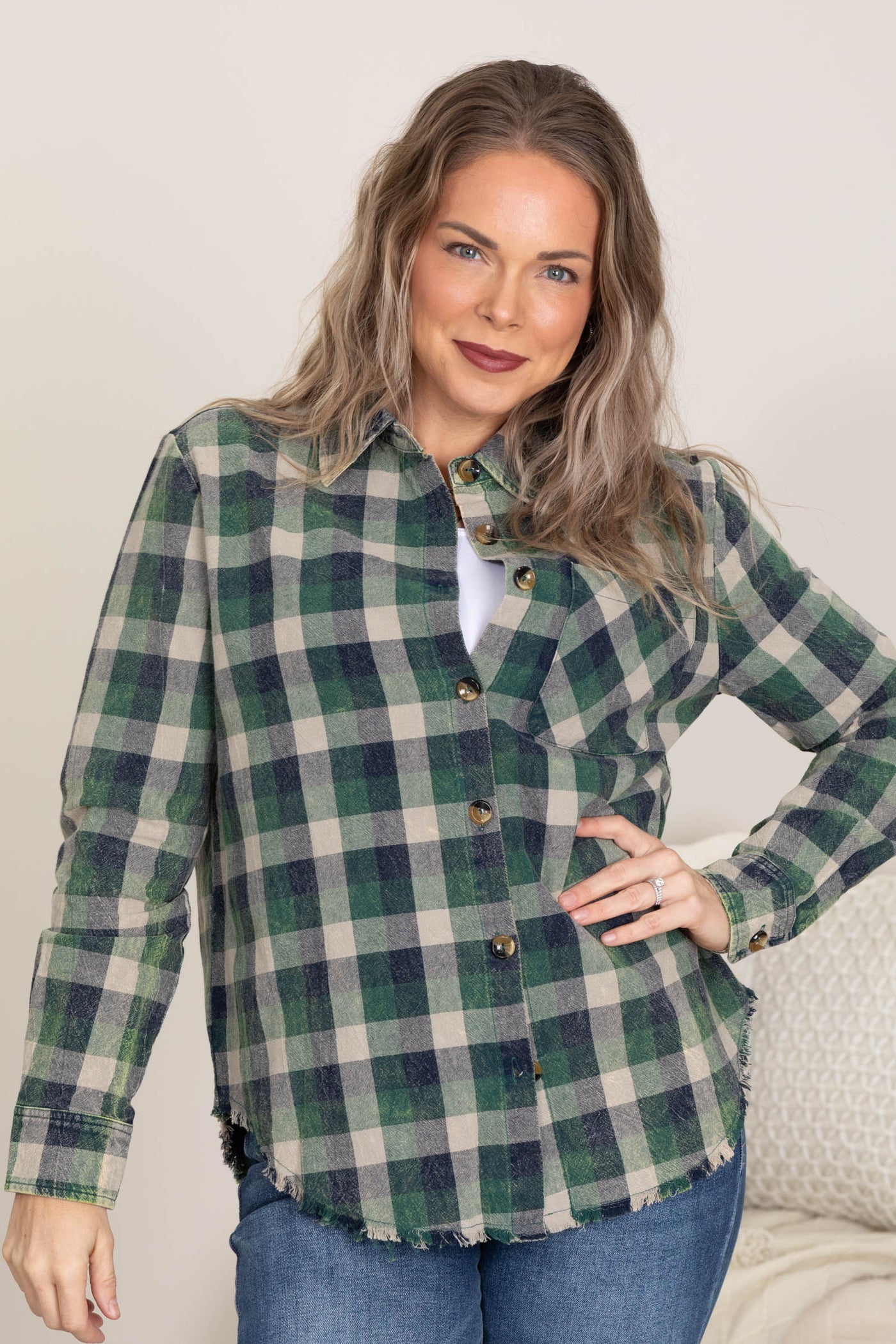 Hunter Green Plaid Mineral Washed Button Up Top