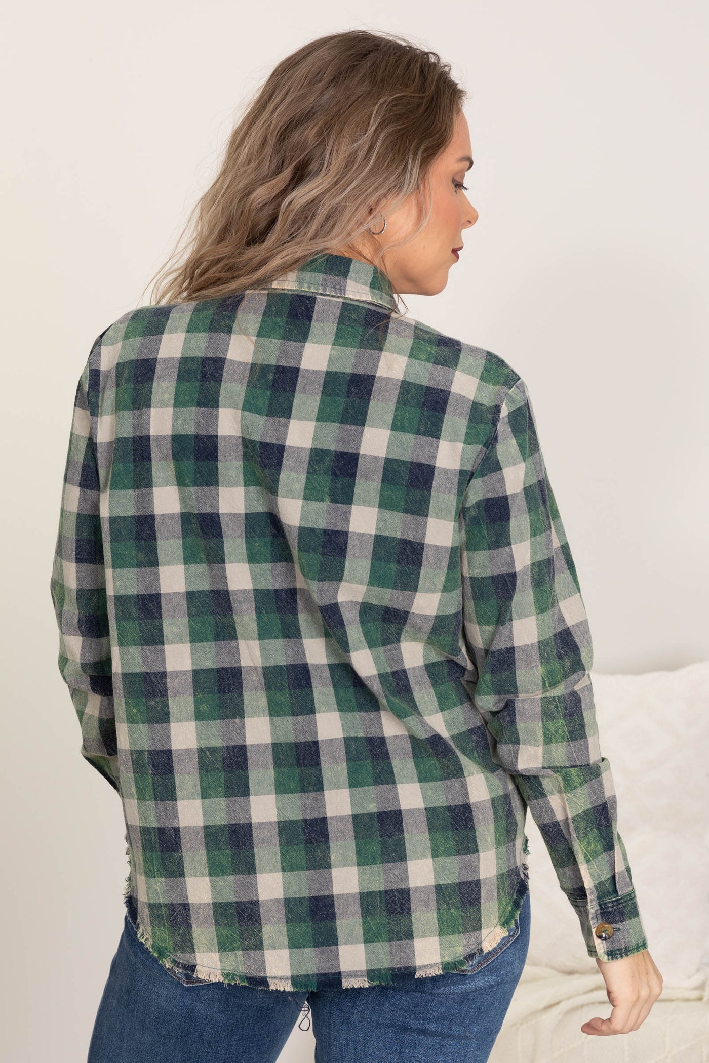 Hunter Green Plaid Mineral Washed Button Up Top