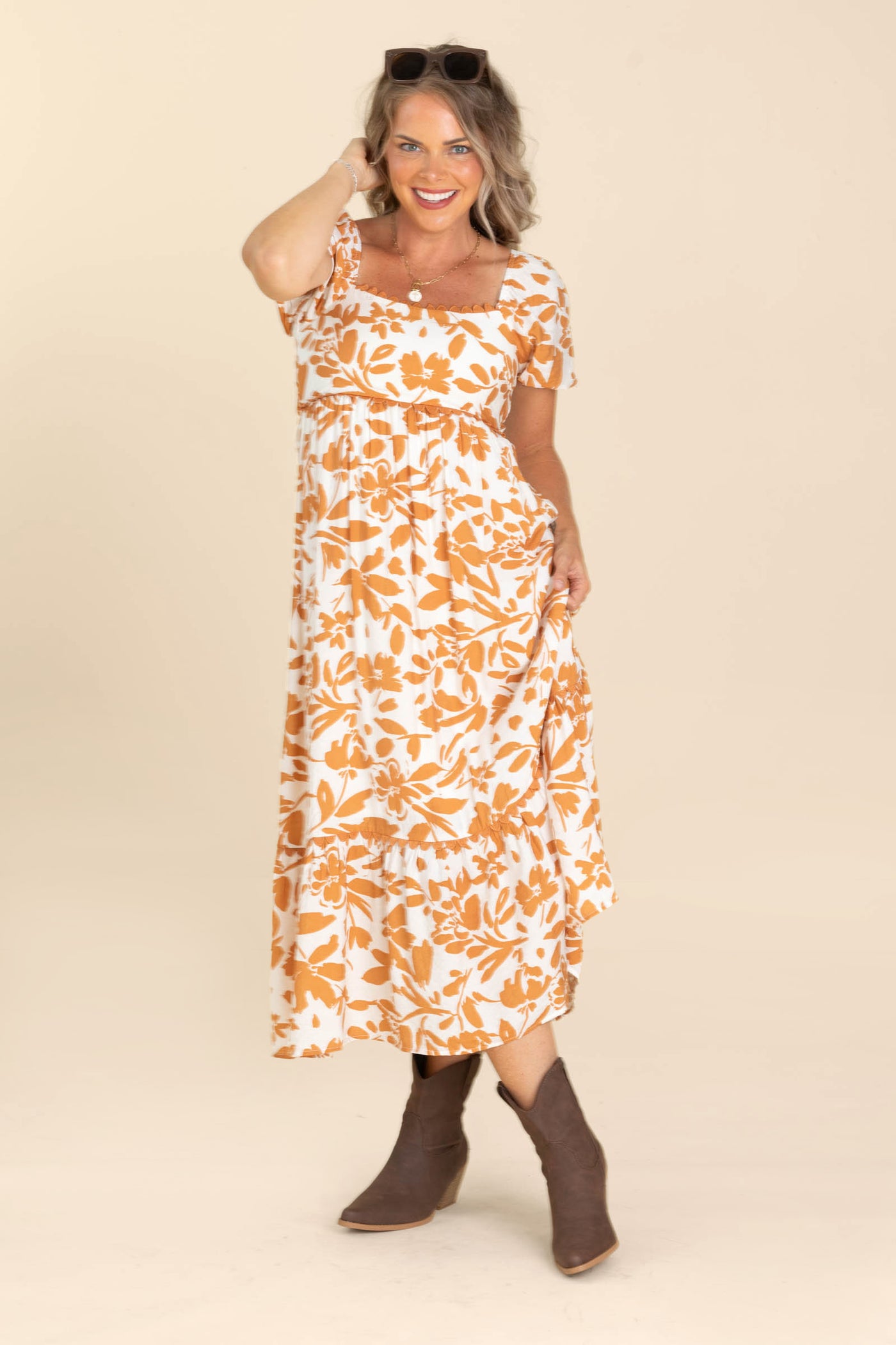 Burnt Orange Floral Scallop Trim Midi Dress Burnt Orange Floral Scallop Trim Midi Dress