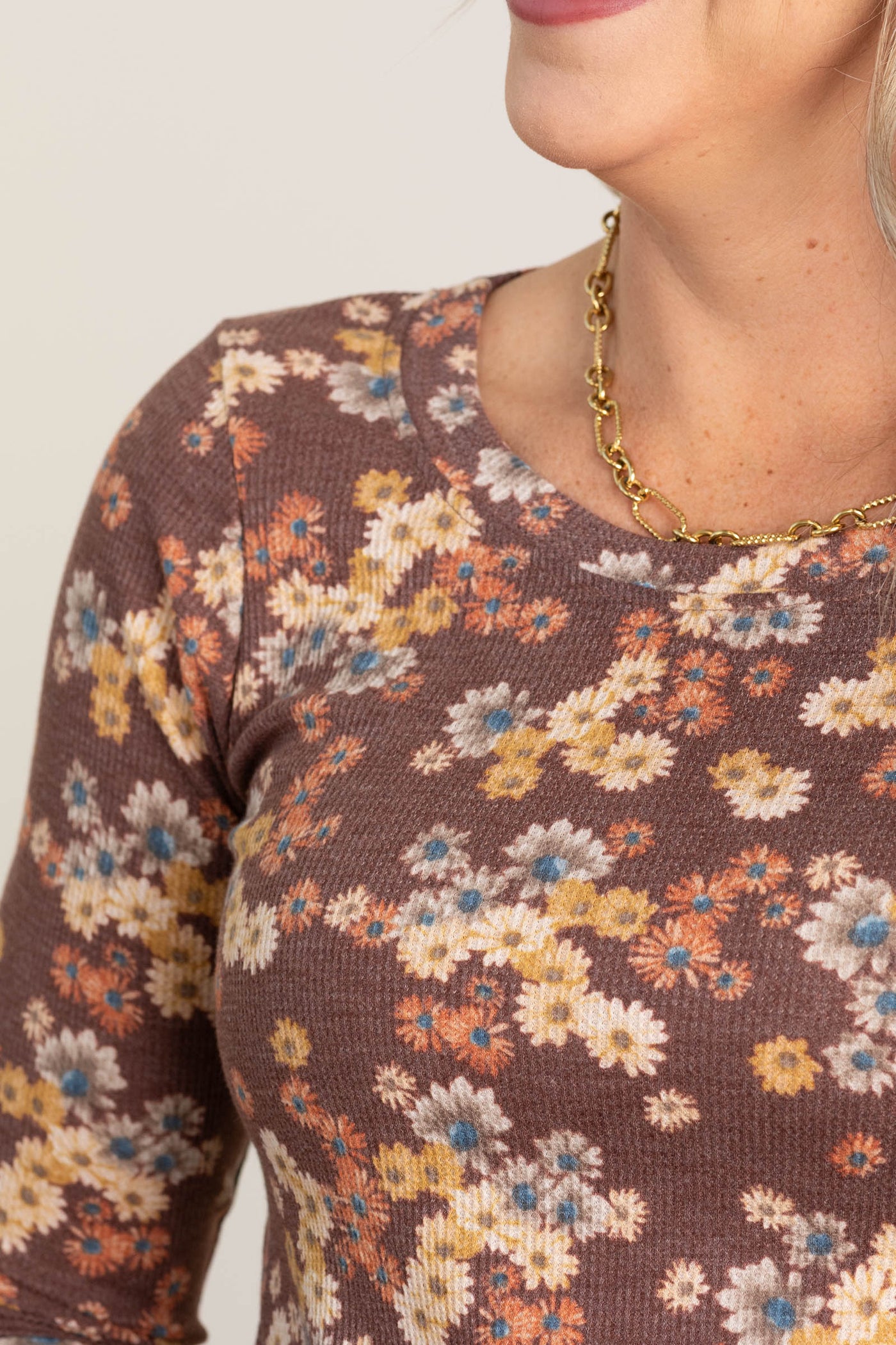 Rust and Tan Floral Print Long Sleeve Top