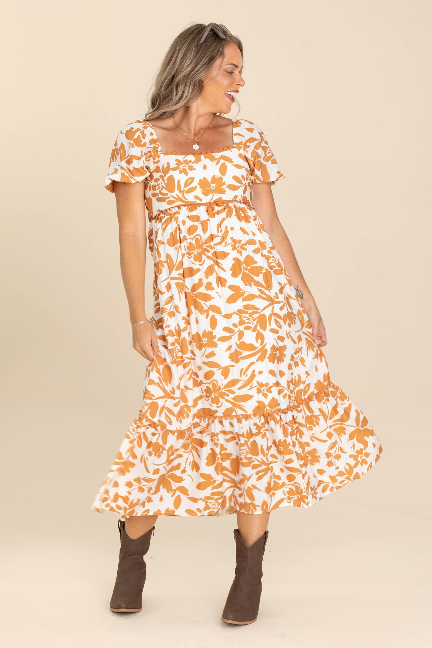 Burnt Orange Floral Scallop Trim Midi Dress