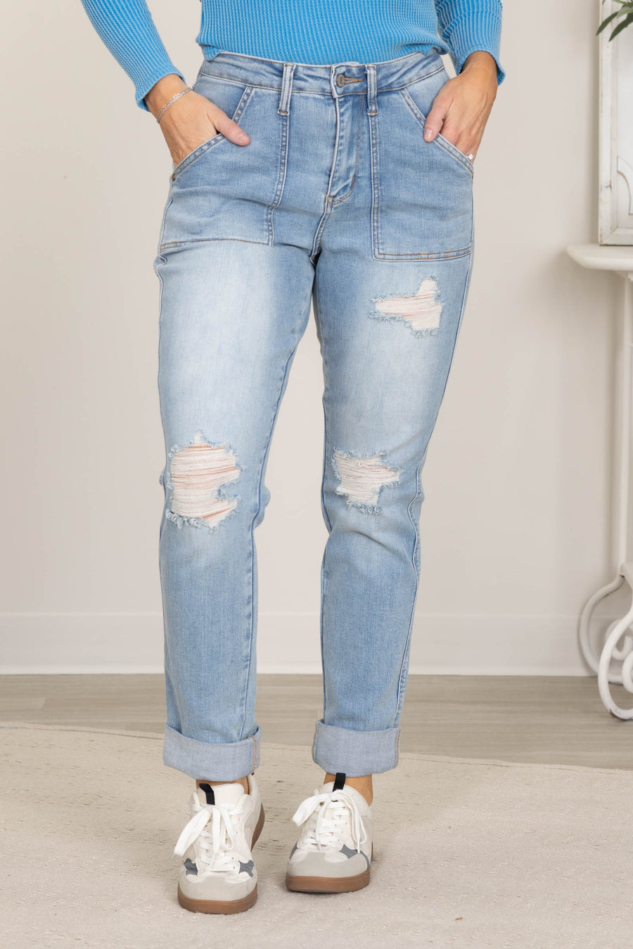Judy Blue Patch Pocket Distress Boyfriend Jeans