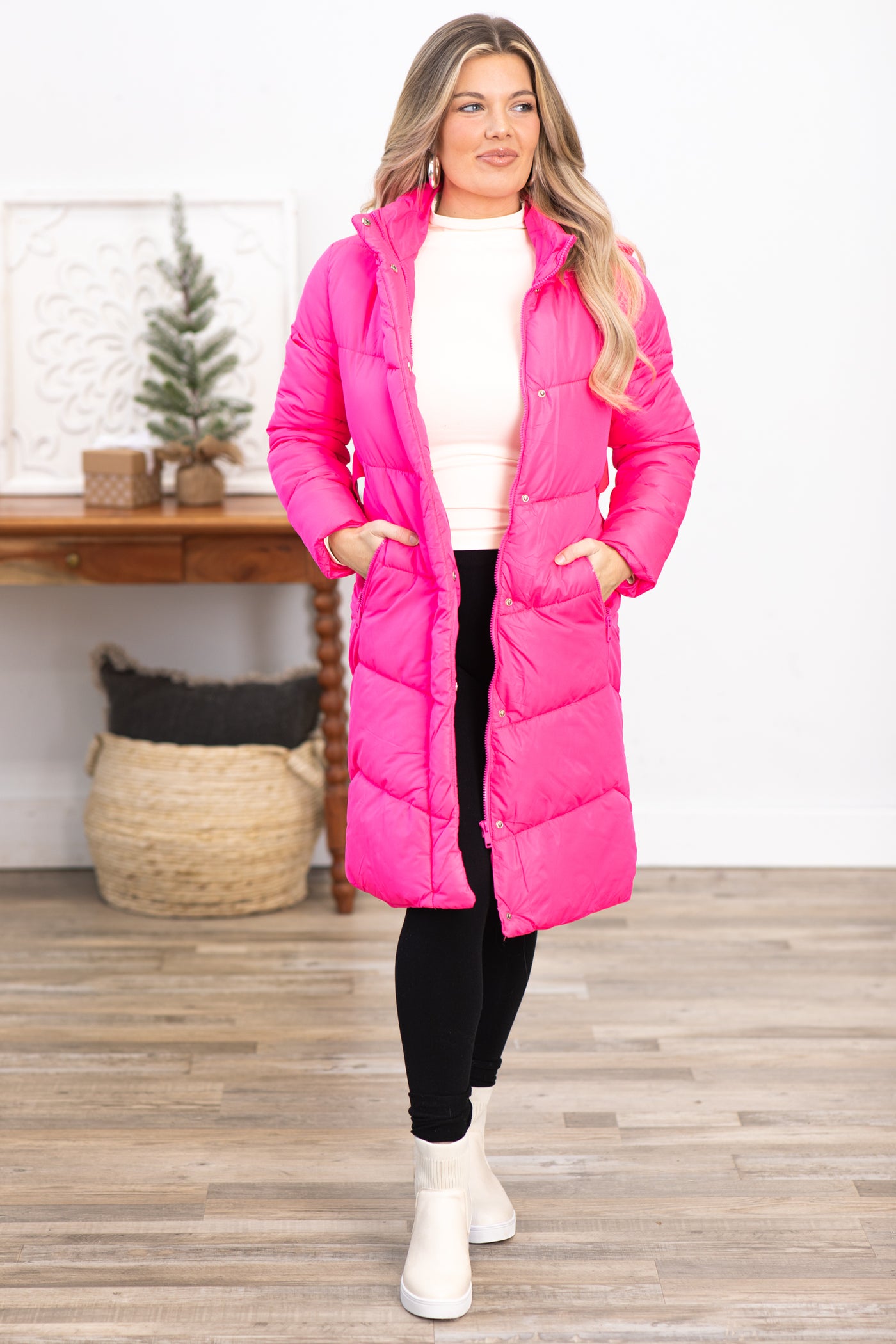 Neon Pink Belted Long Puffer Jacket With Hood