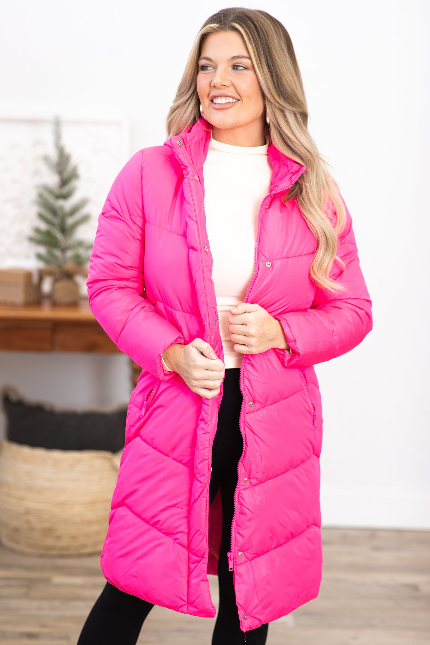 Hot Pink Puffer Jacket Neon Pink Belted Long Puffer Jacket With
