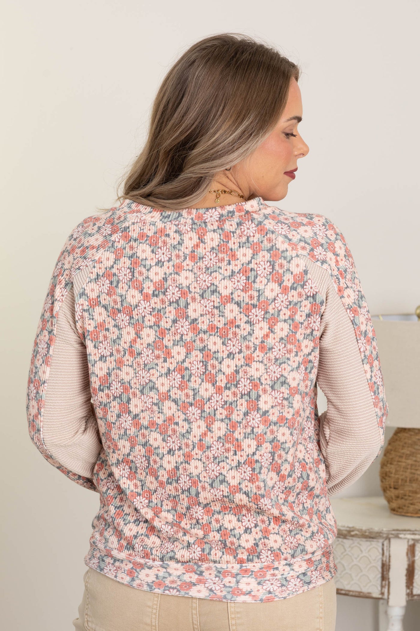 Blush Floral Ribbed Knit Contrast Top