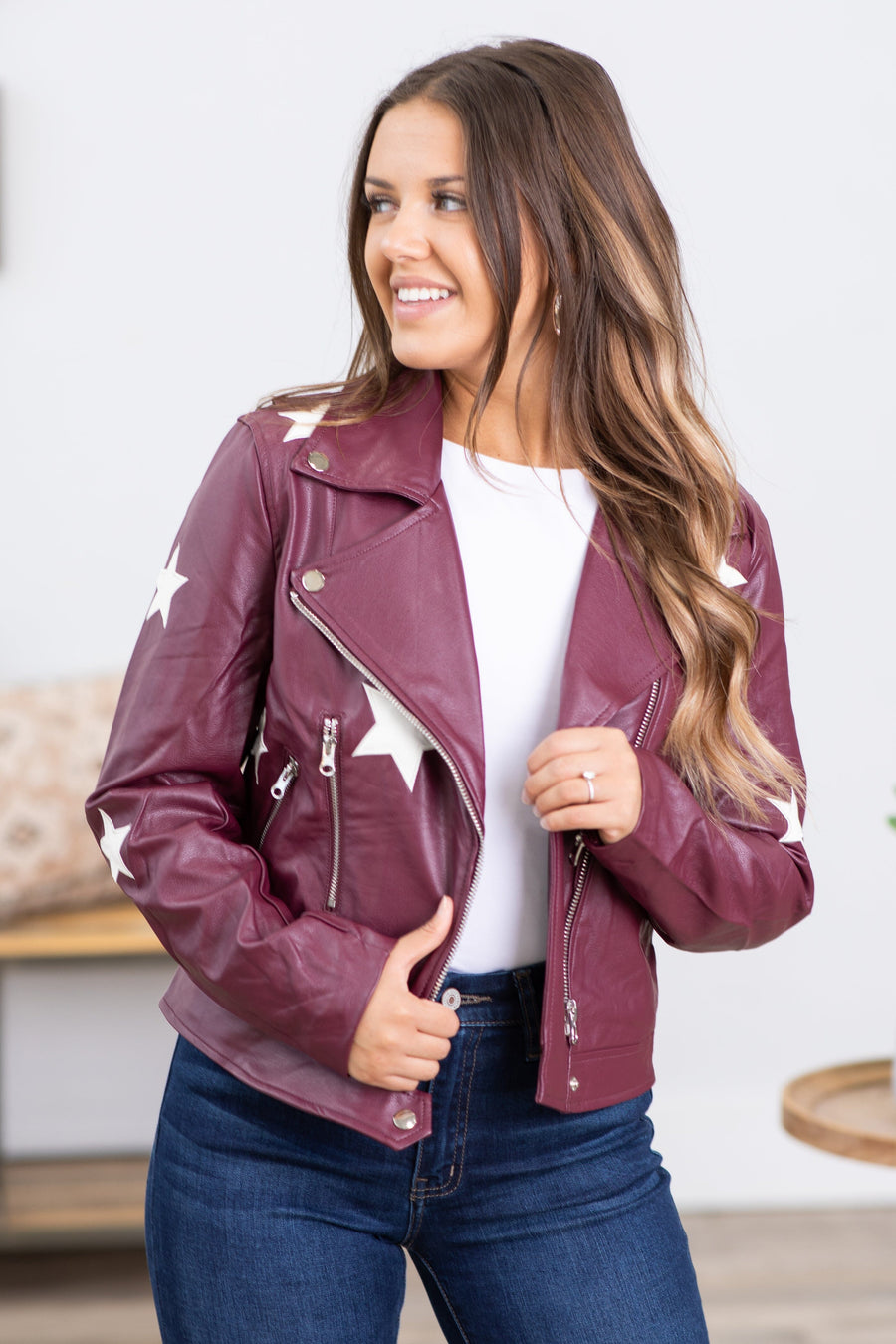 Berry Star Print Faux Leather Moto Jacket - Filly Flair