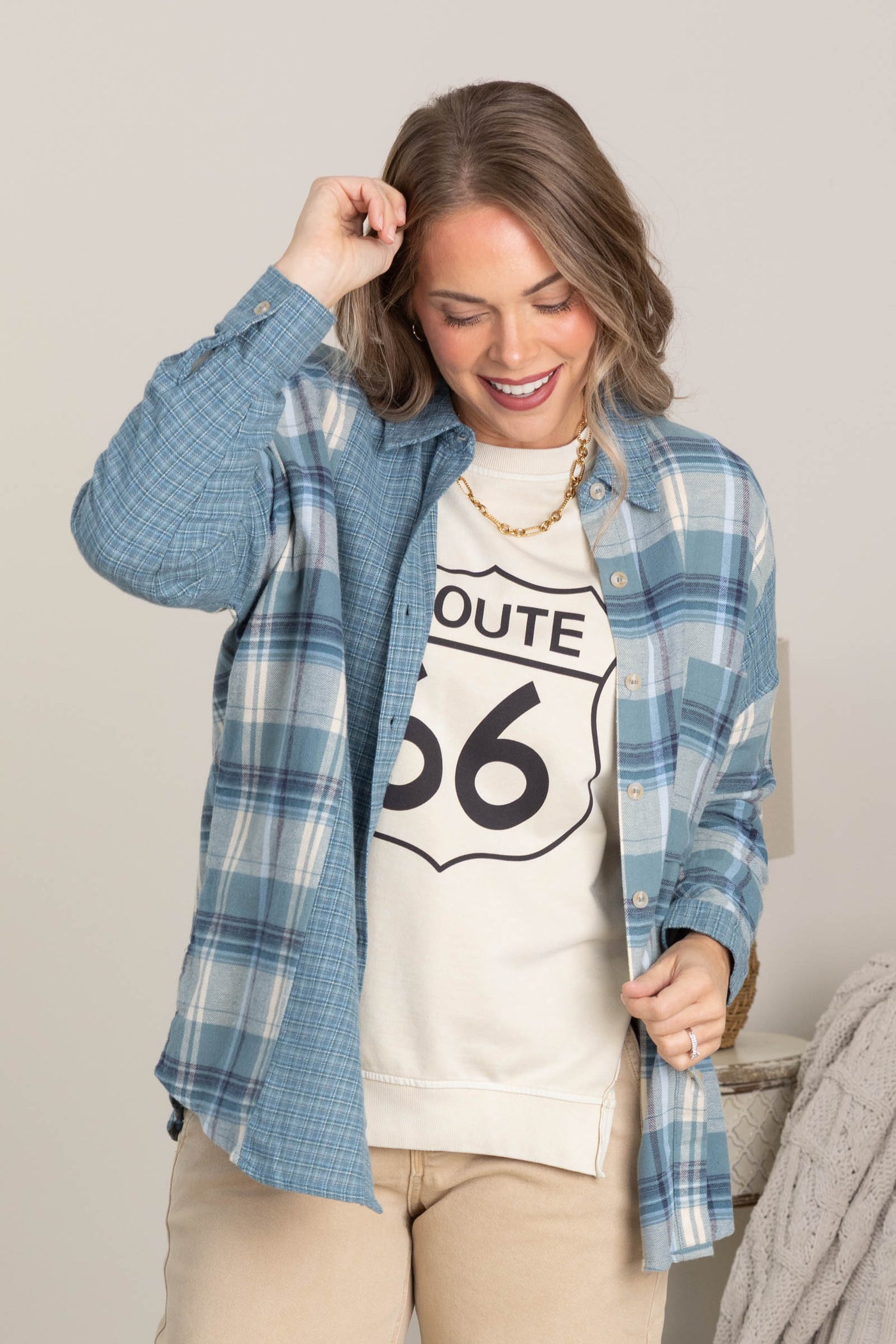 Dusty Blue Colorblock Plaid Button Down Top