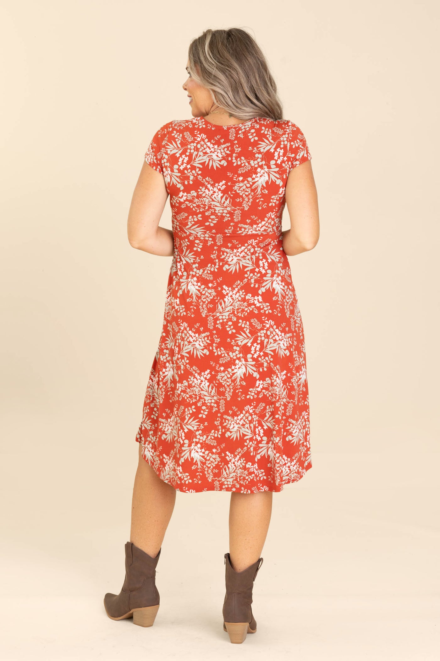 Dark Orange Surplice Floral Print Dress