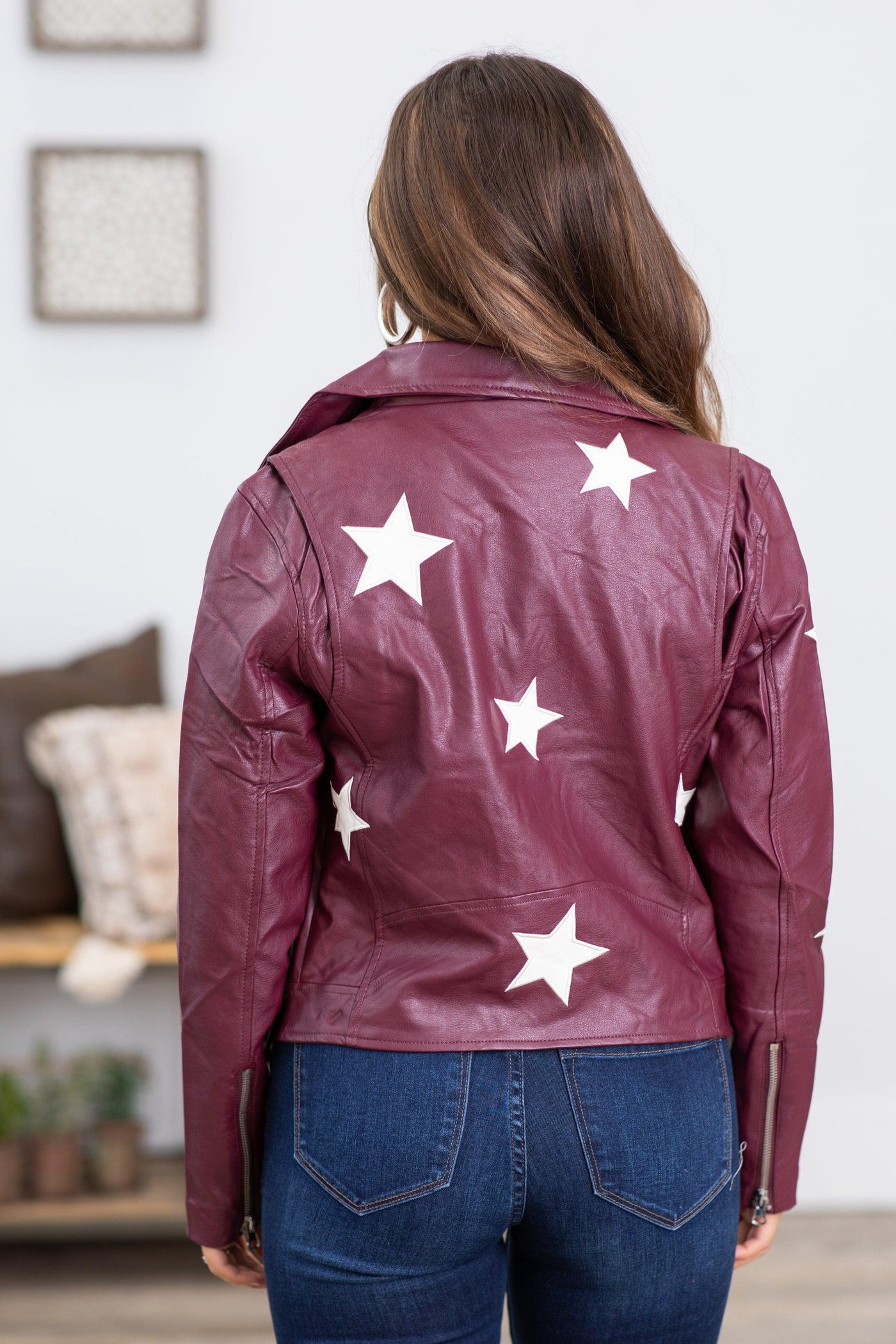 Berry Star Print Faux Leather Moto Jacket - Filly Flair