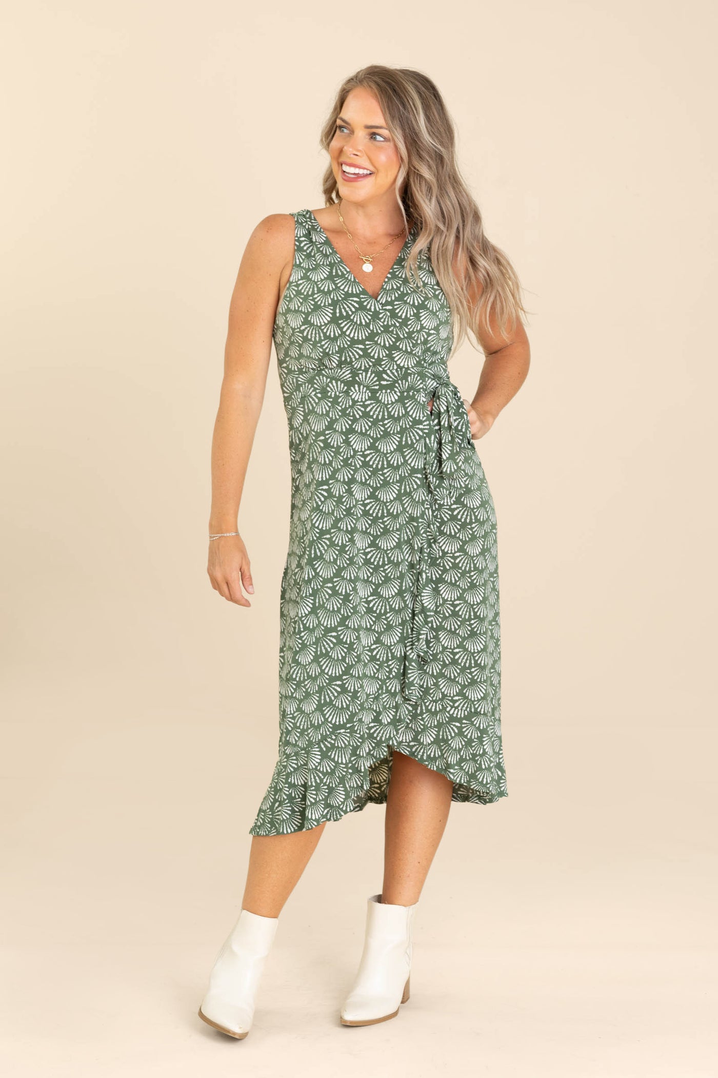 Olive And Ivory Floral V-Neck Ruffle Hem Dress