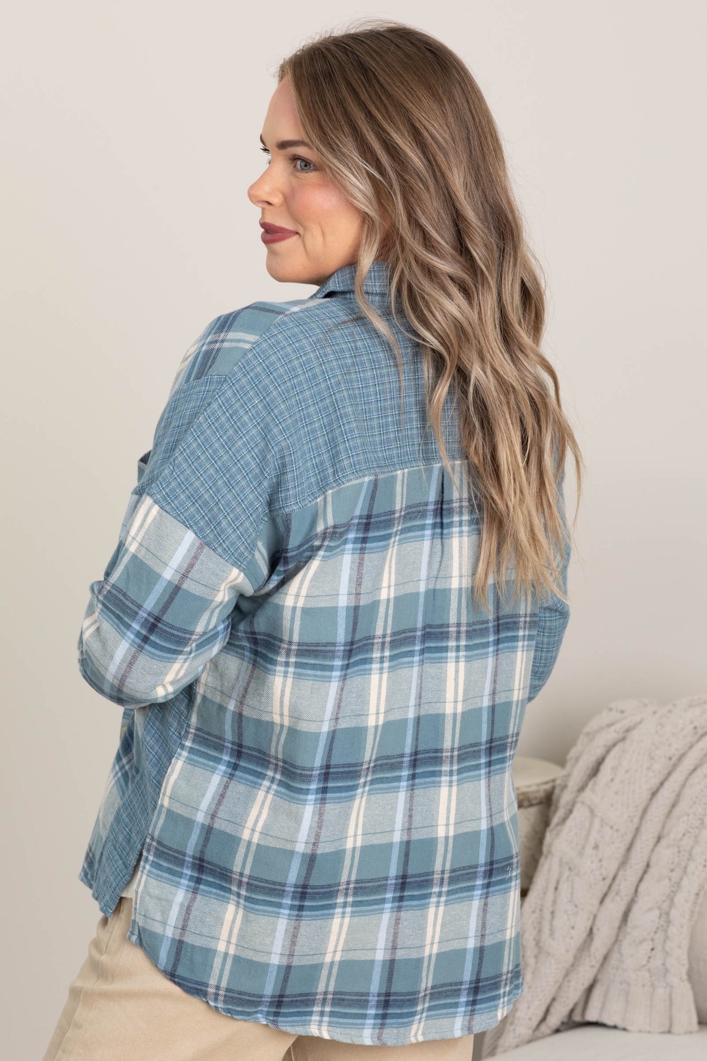 Dusty Blue Colorblock Plaid Button Down Top