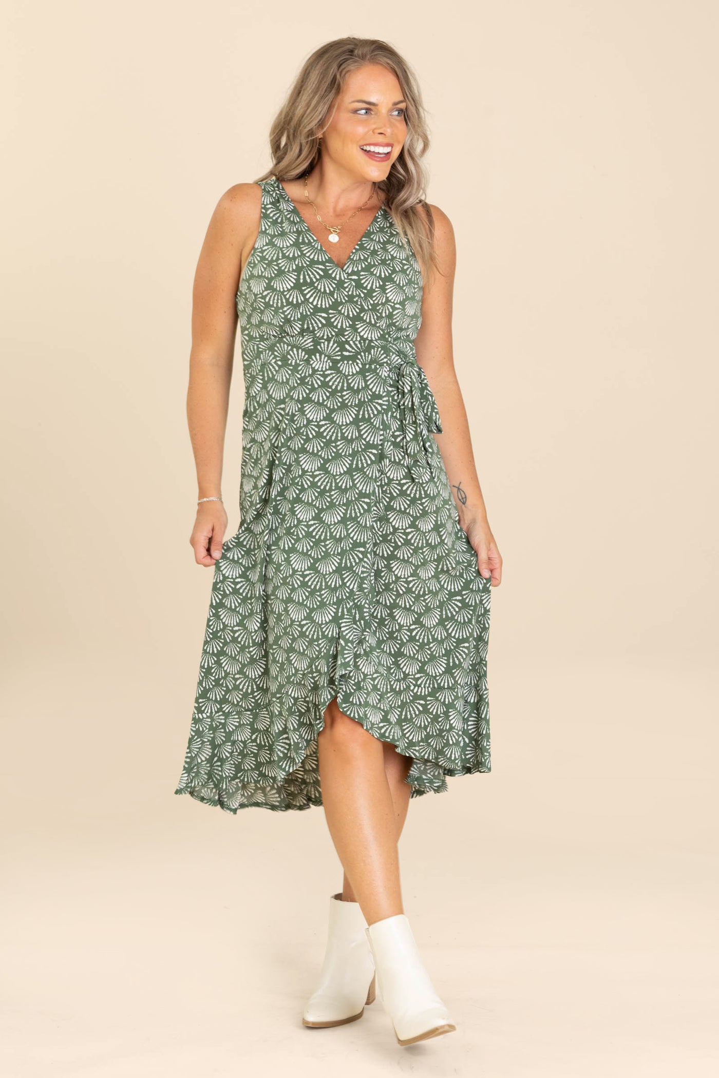 Olive And Ivory Floral V-Neck Ruffle Hem Dress