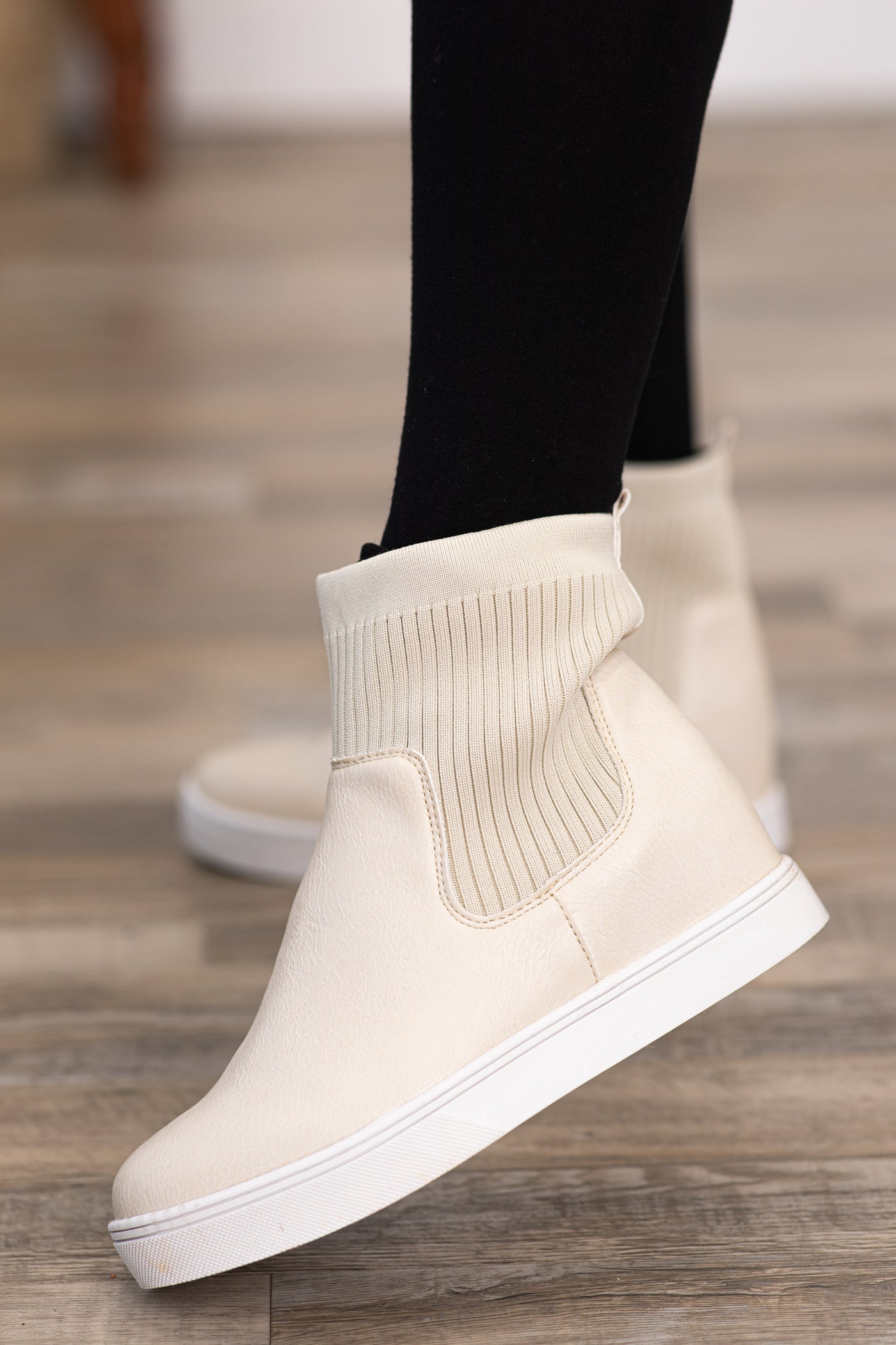 Beige Faux Leather Sneakers With Knit Trim