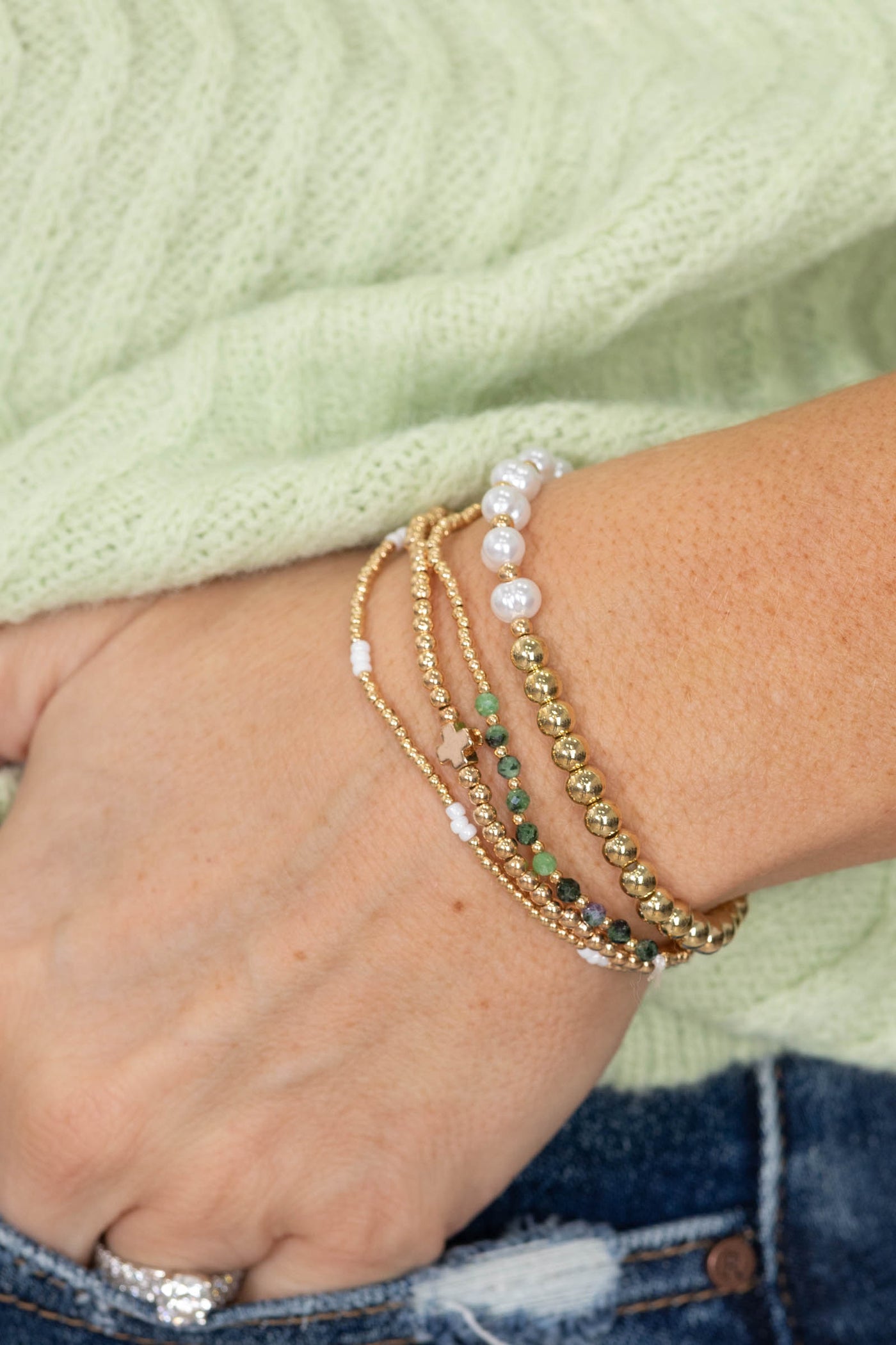 Jade and Gold Pearl Chain Stretch Bracelets