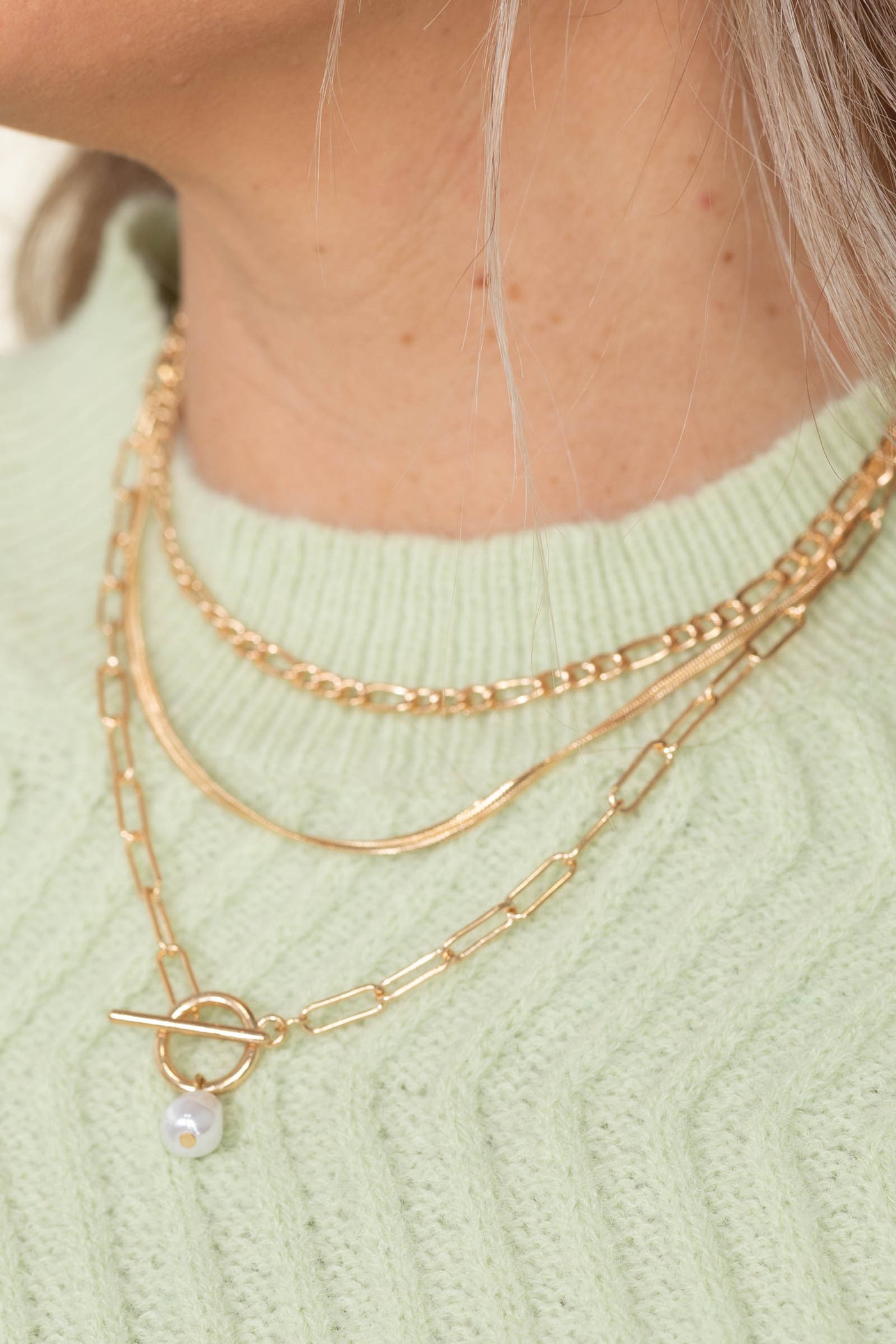 Gold Pearl Pendant with Layered Chain Necklace