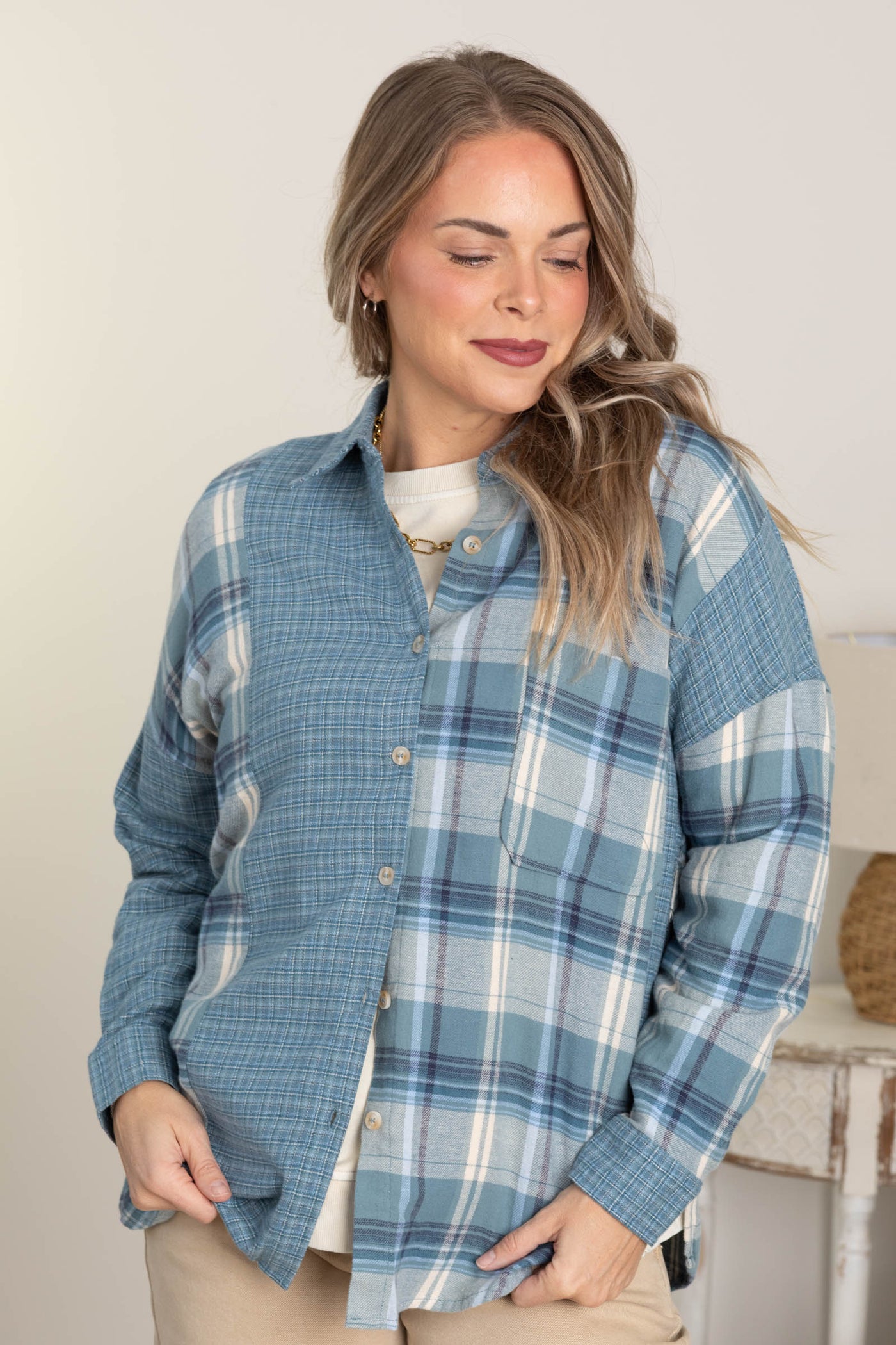 Dusty Blue Colorblock Plaid Button Down Top