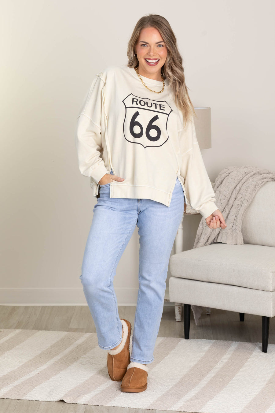Beige Route 66 Long Sleeve Knit Top