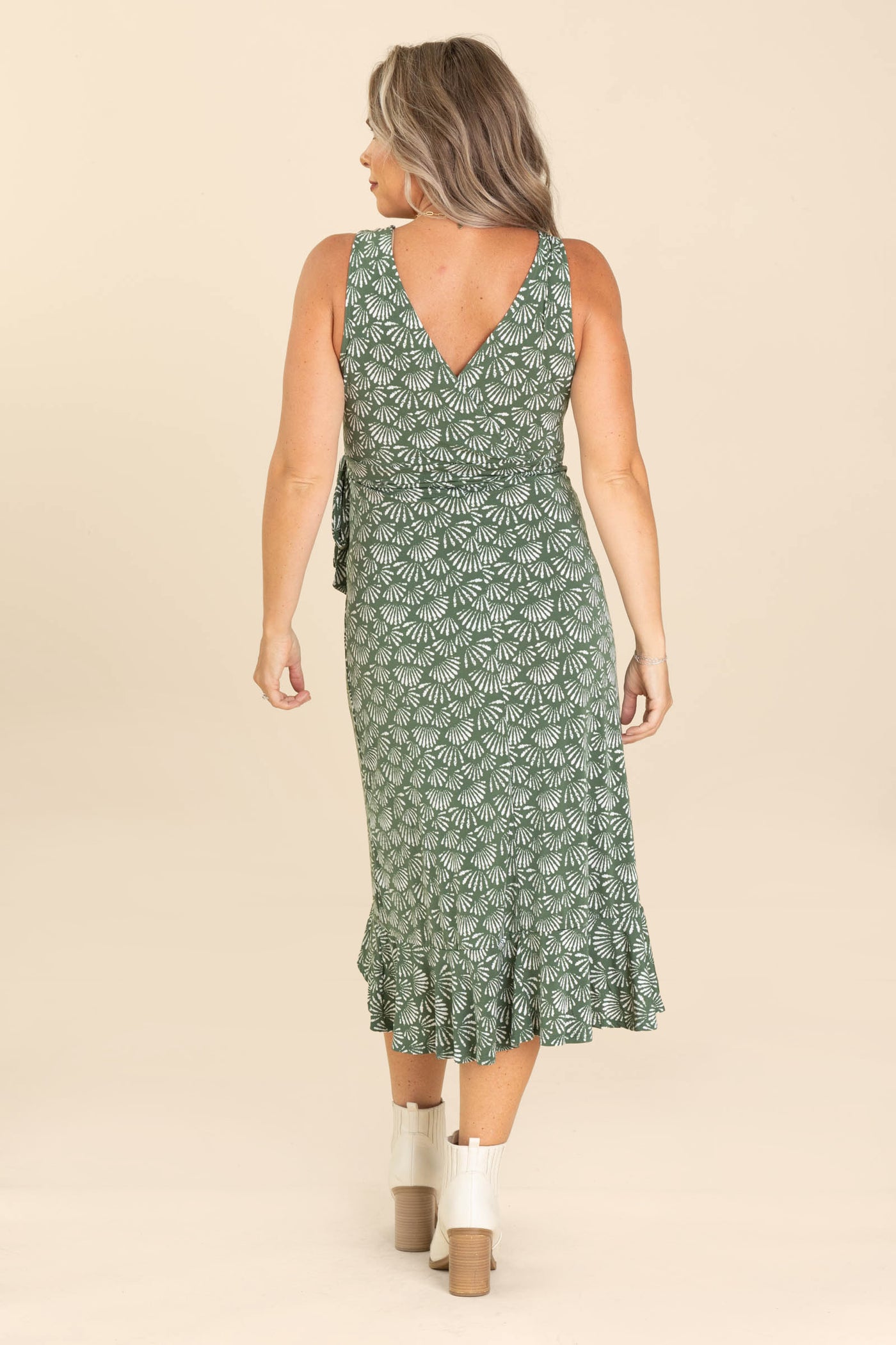 Olive And Ivory Floral V-Neck Ruffle Hem Dress