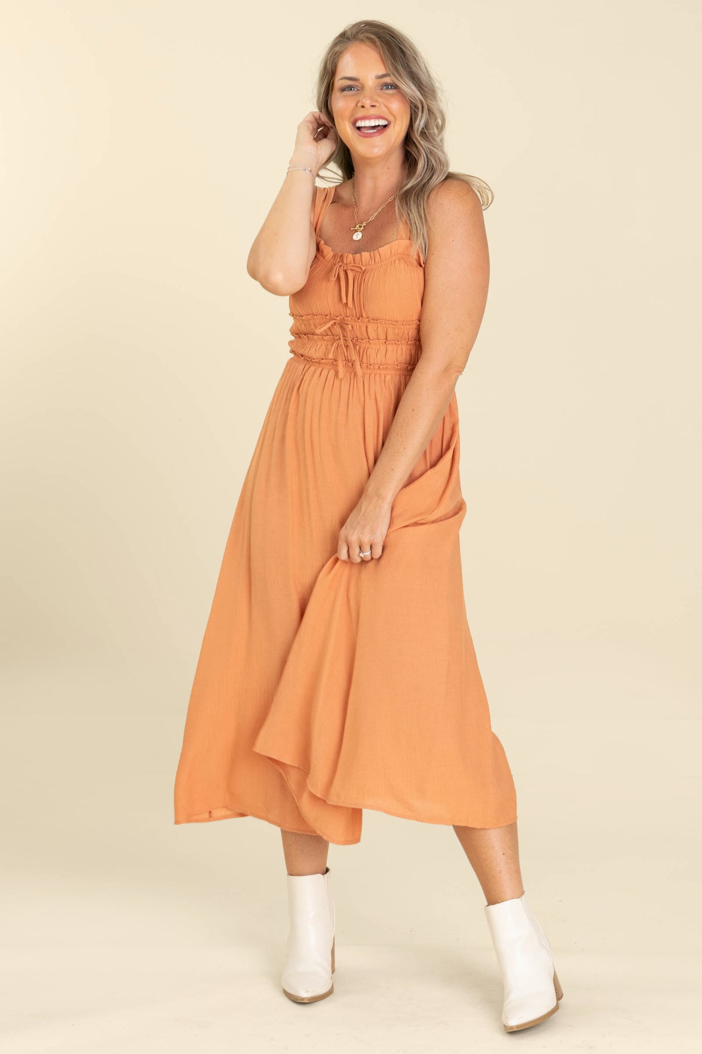 Orange Shirred Front Tie Detail Midi Dress