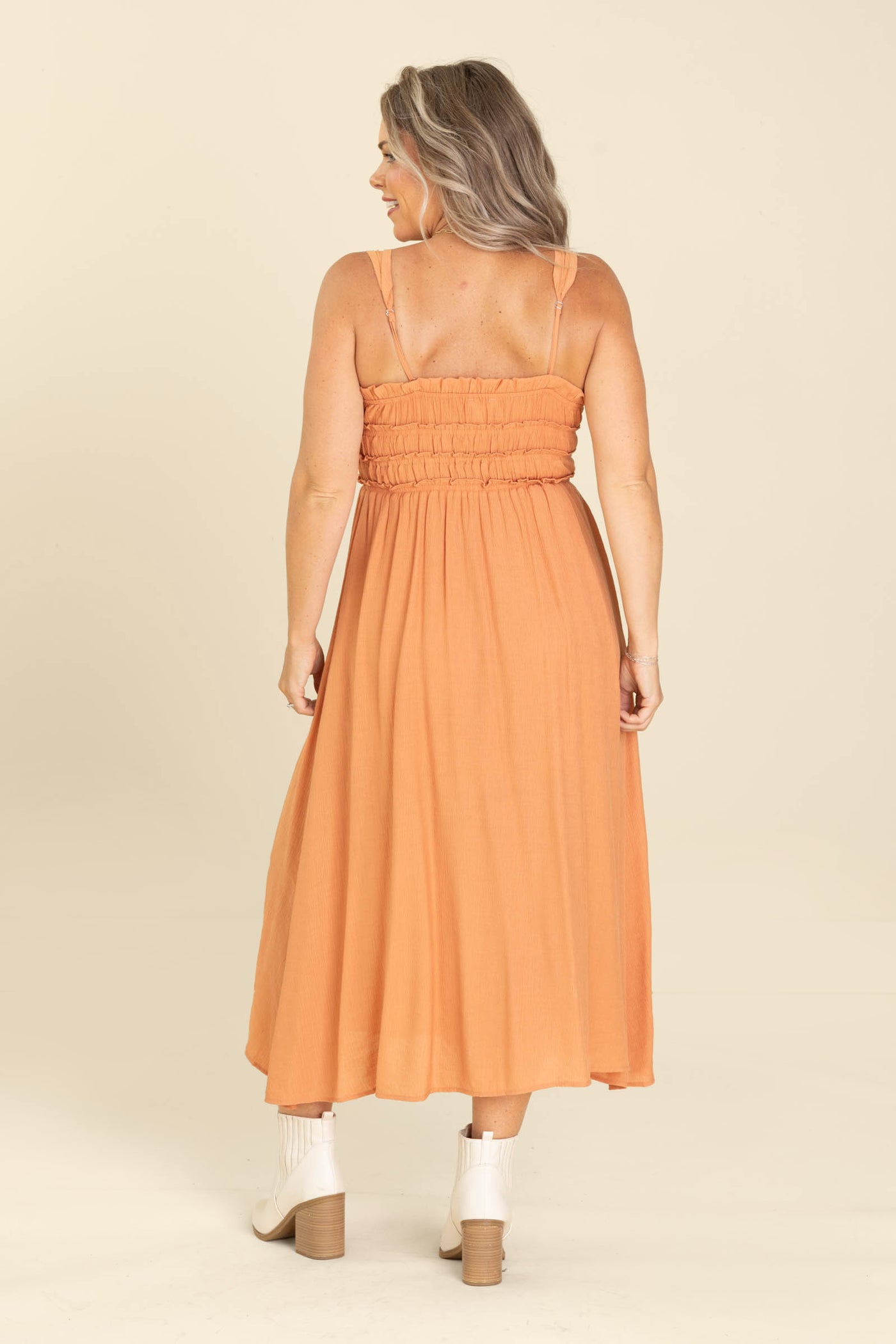 Orange Shirred Front Tie Detail Midi Dress