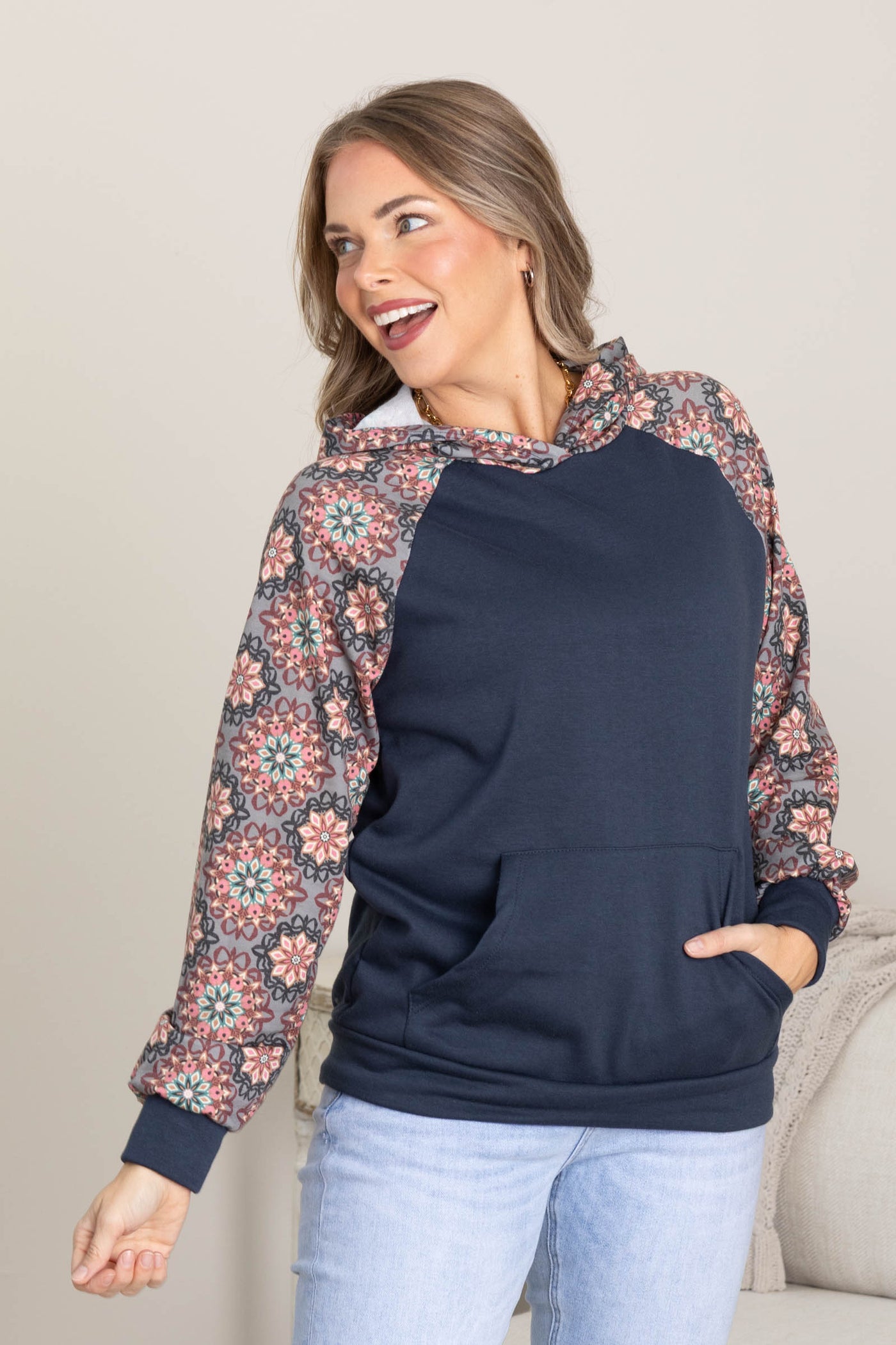 Navy Pattern Sleeves Knit Hoodie Sweatshirt