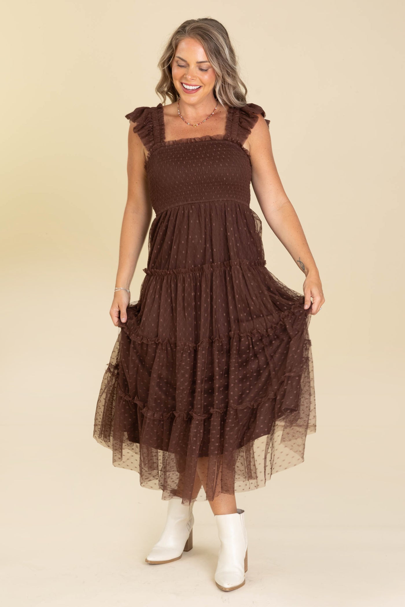 Brown Polka Dot Chiffon Smocked Tiered Dress - S Brown Polka Dot Chiffon Smocked Tiered Dress - S