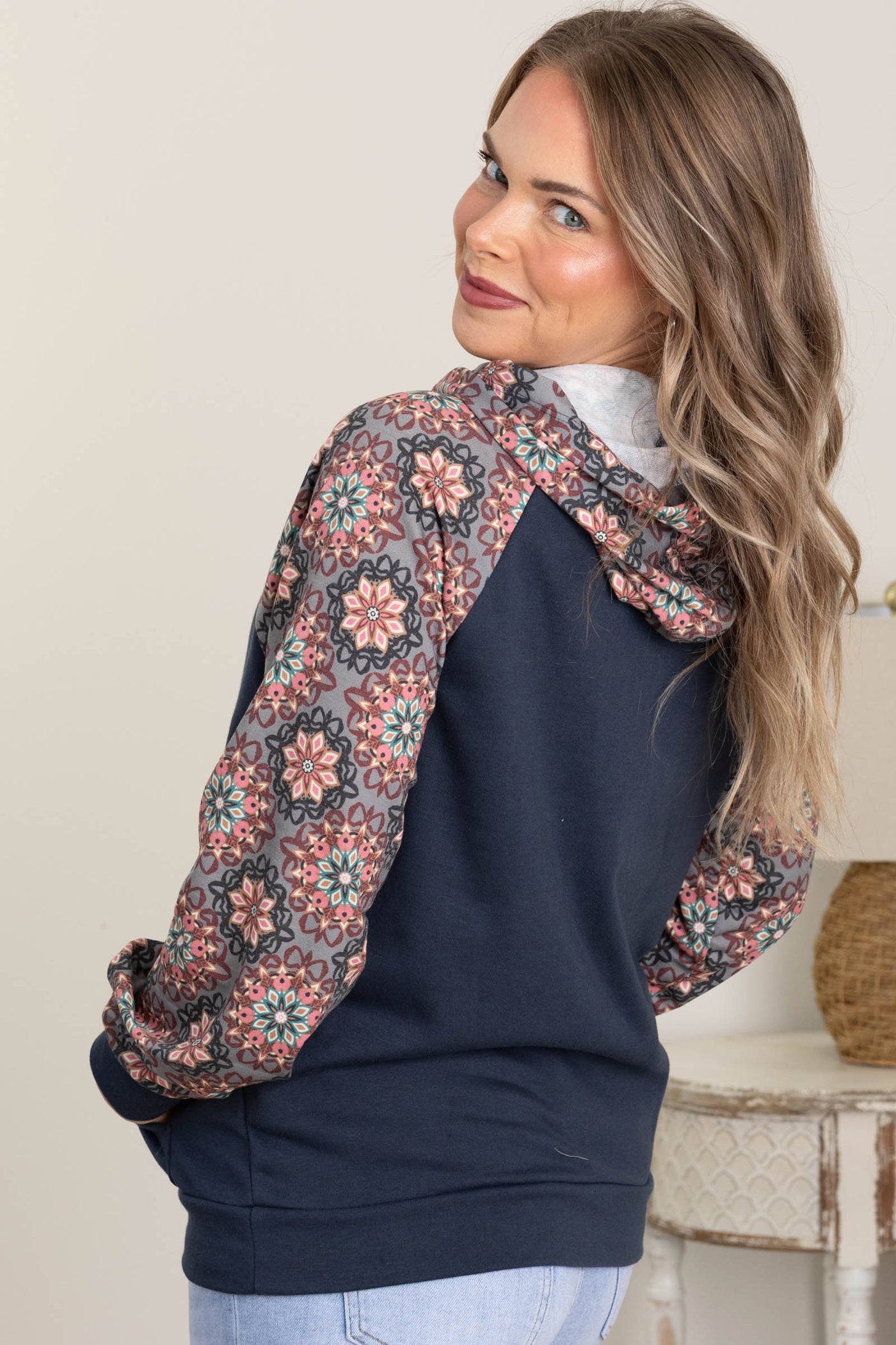 Navy Pattern Sleeves Knit Hoodie Sweatshirt