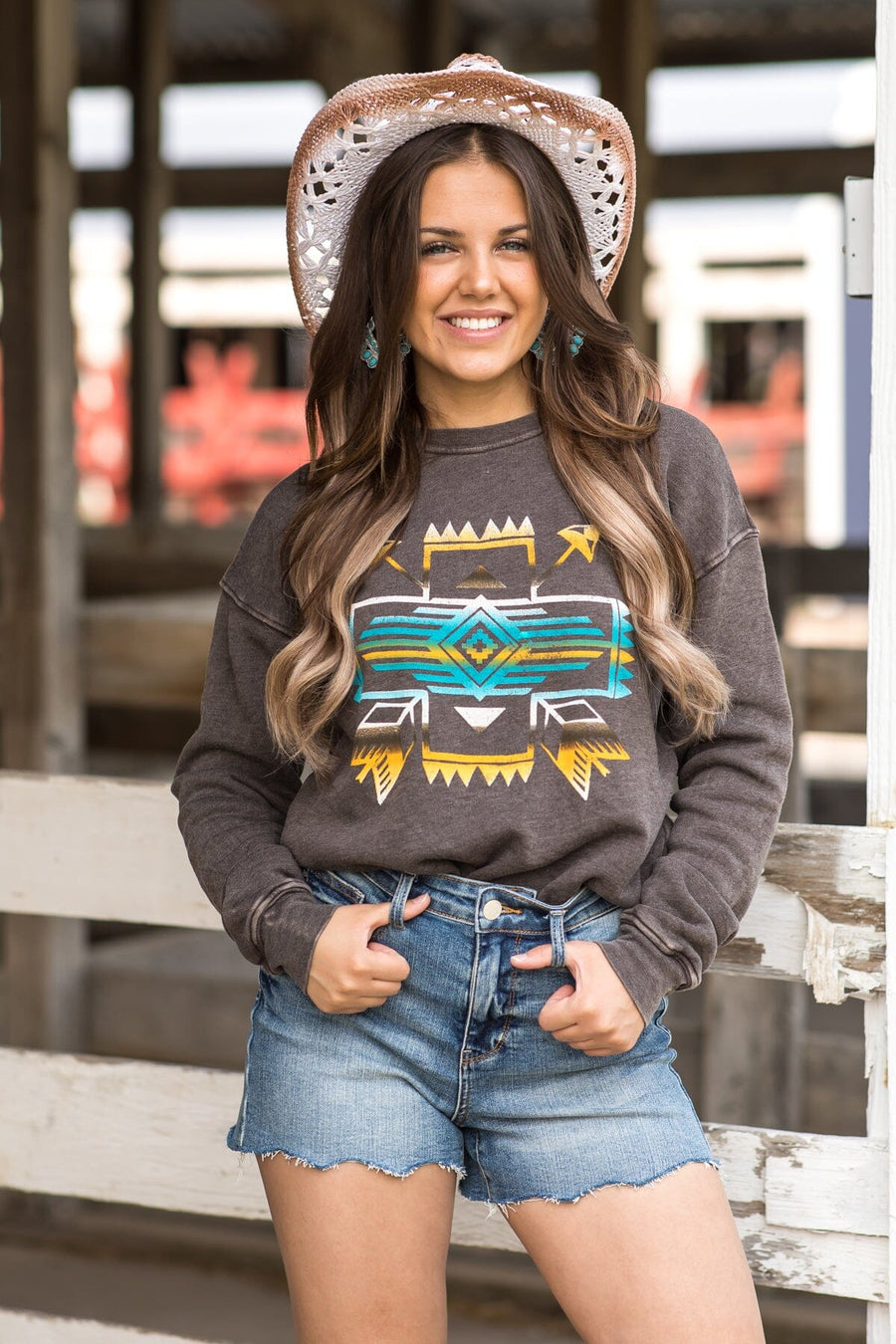 Brown Mineral Wash Aztec Print Sweatshirt - Filly Flair