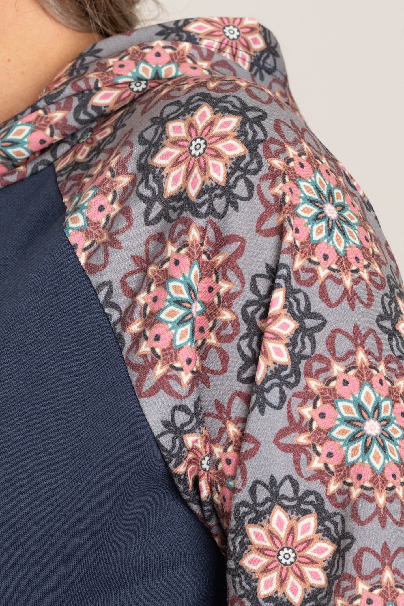 Navy Pattern Sleeves Knit Hoodie Sweatshirt