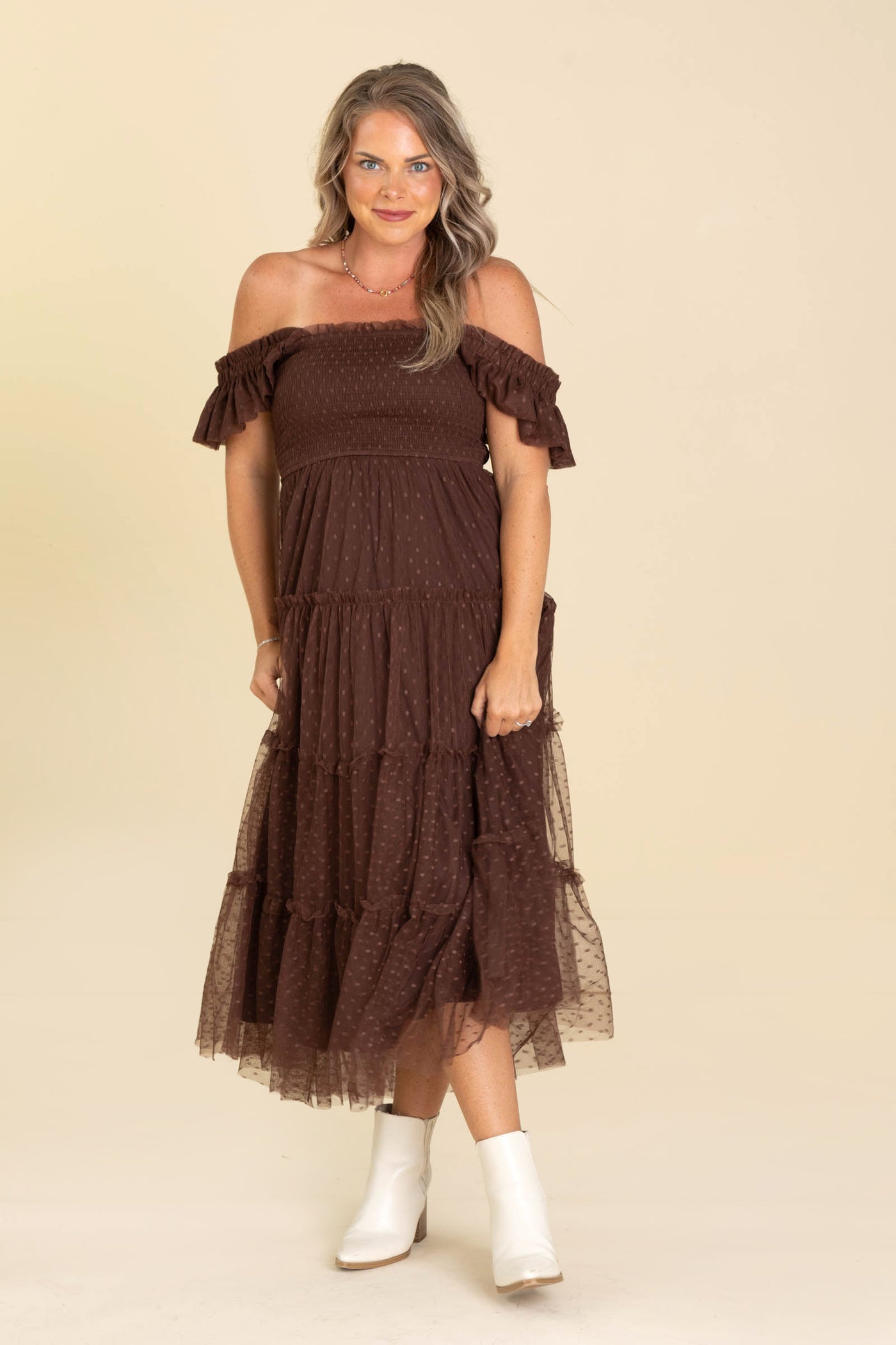 Brown Polka Dot Chiffon Smocked Tiered Dress