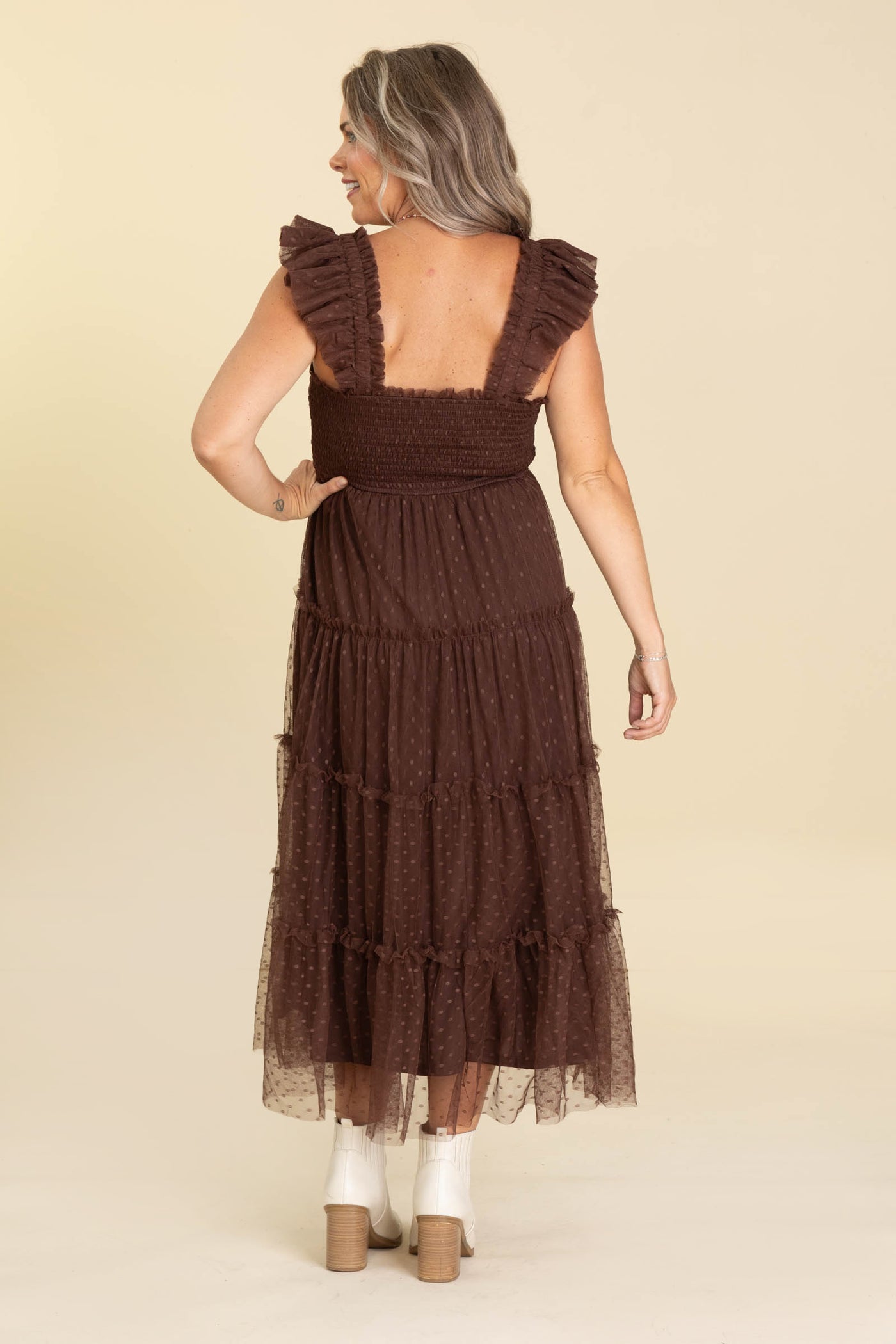 Brown Polka Dot Chiffon Smocked Tiered Dress
