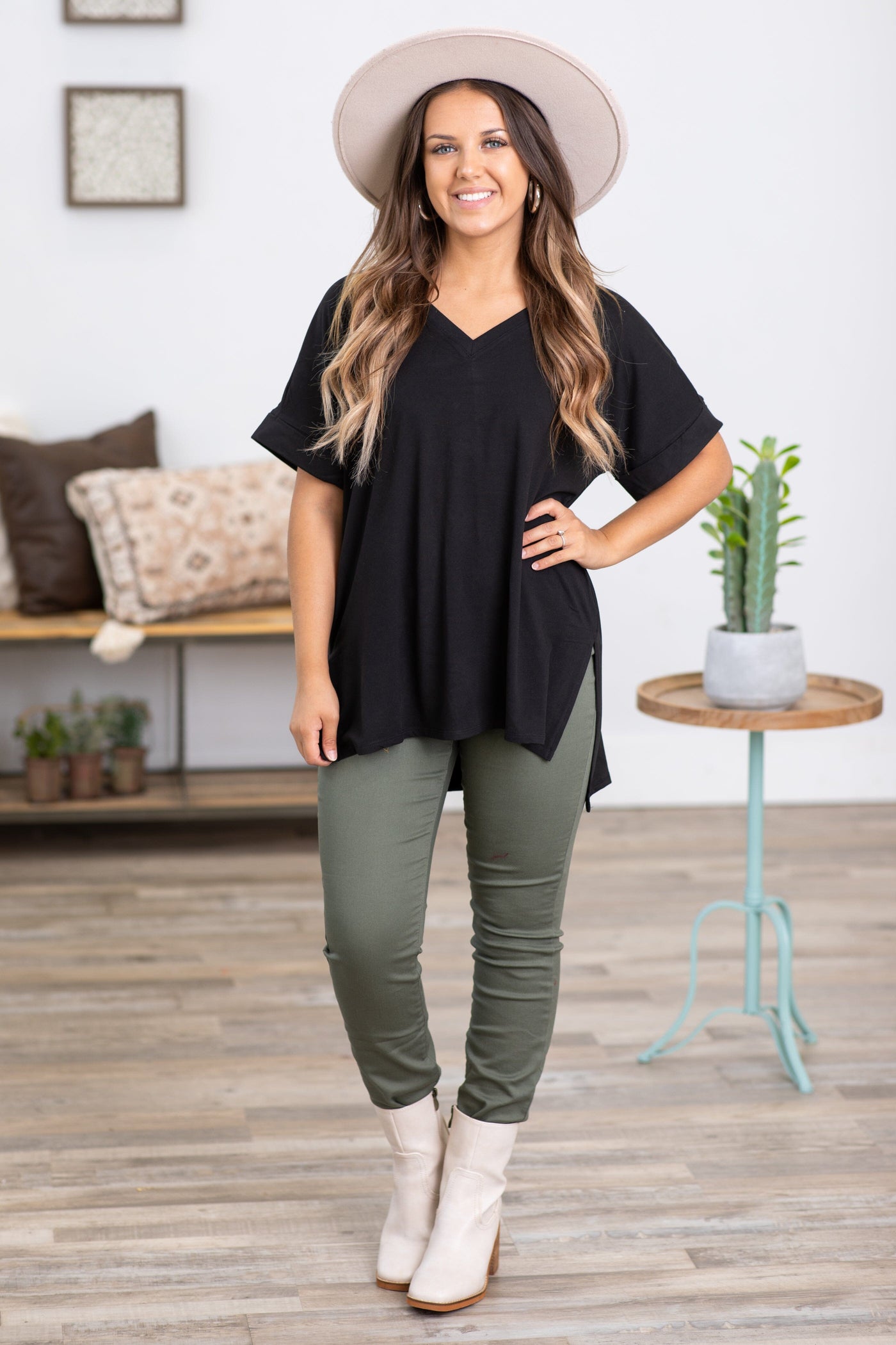 Black V-Neck Roll Sleeve Hi Lo Top - Filly Flair