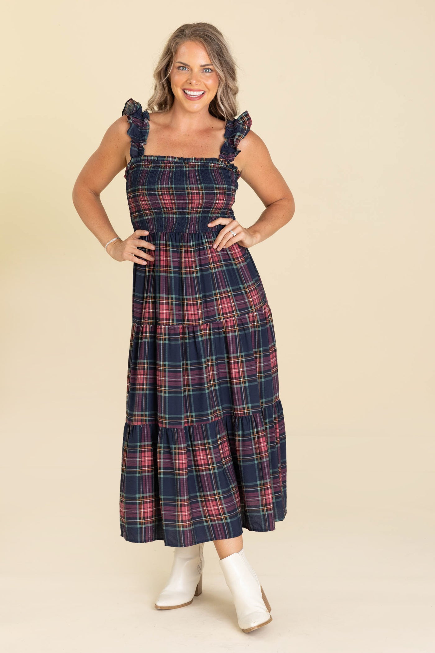Navy And Berry Plaid Smocked Midi Dress