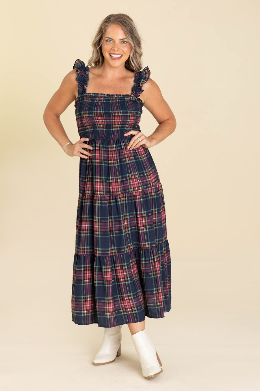 Navy And Berry Plaid Smocked Midi Dress