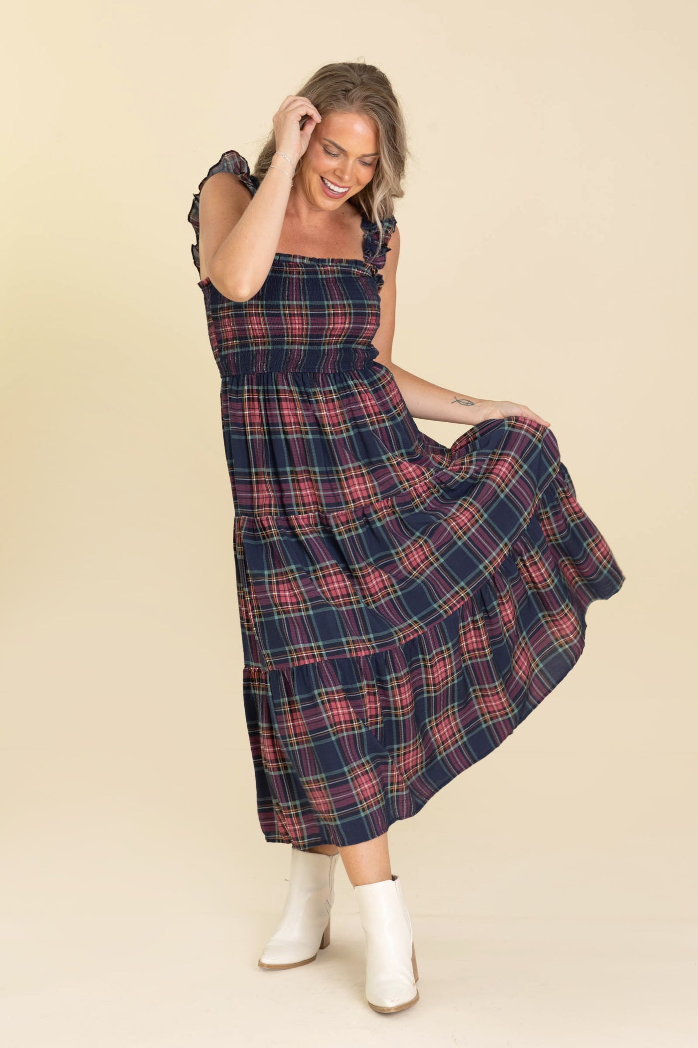 Navy And Berry Plaid Smocked Midi Dress