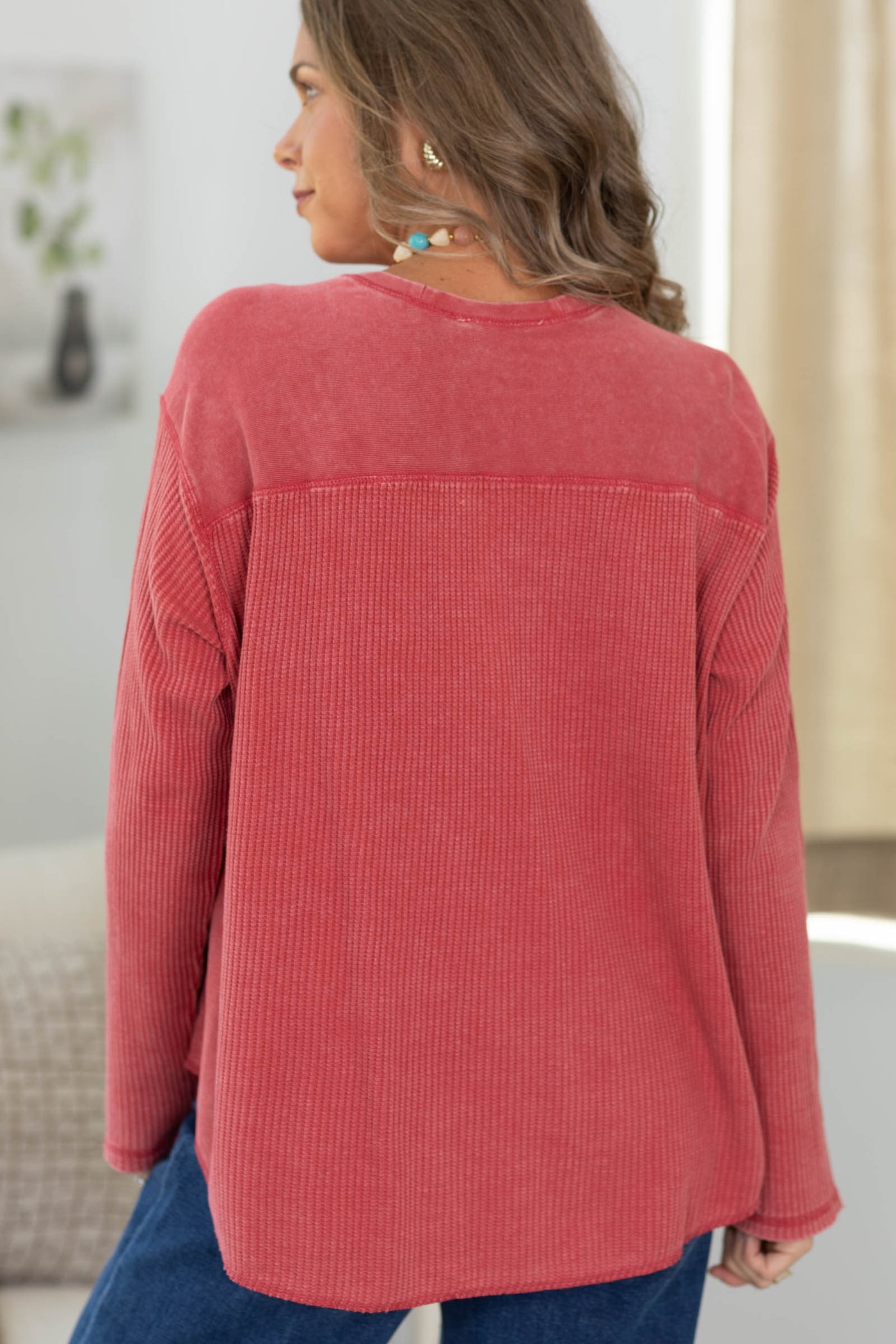 Mineral Washed Waffle Long Sleeve Knit Top