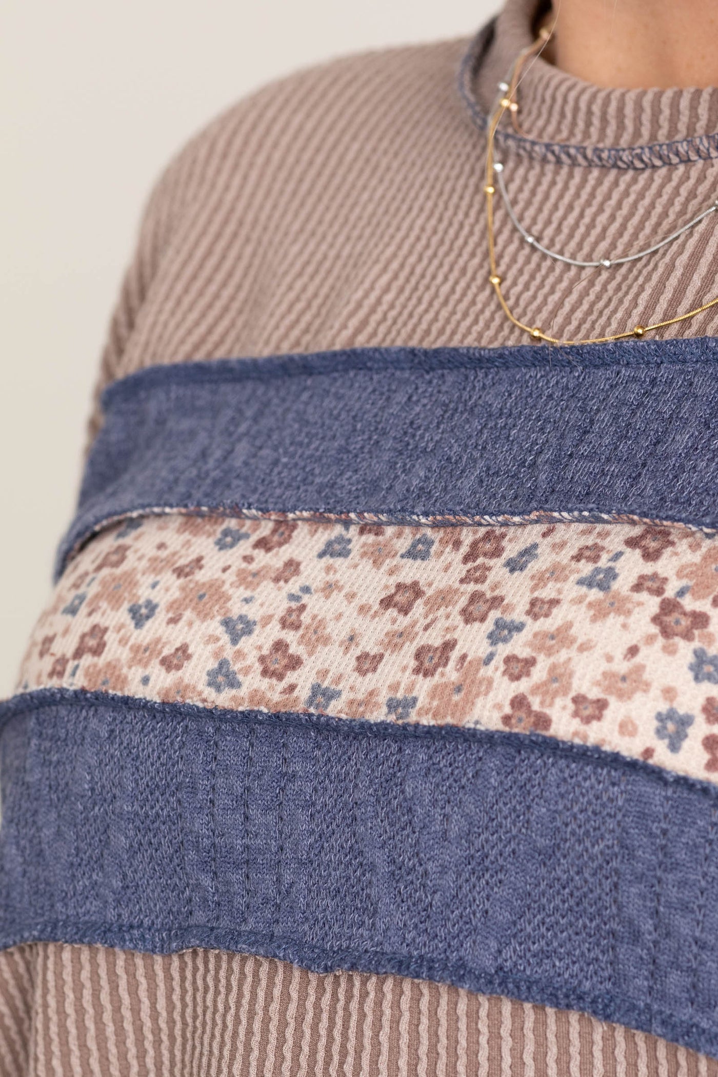 Ribbed Knit With Front Colorblock Floral Tops