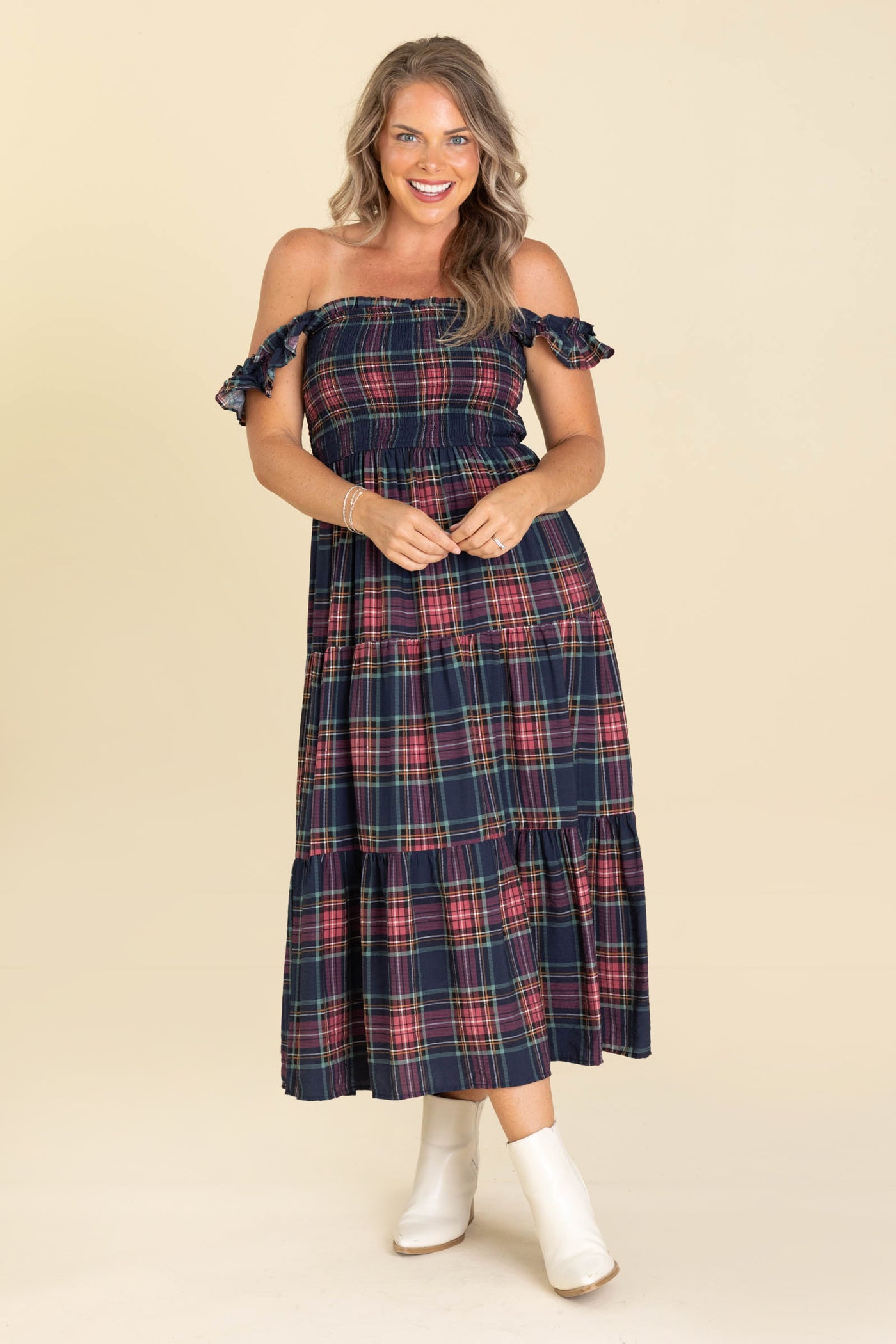 Navy And Berry Plaid Smocked Midi Dress